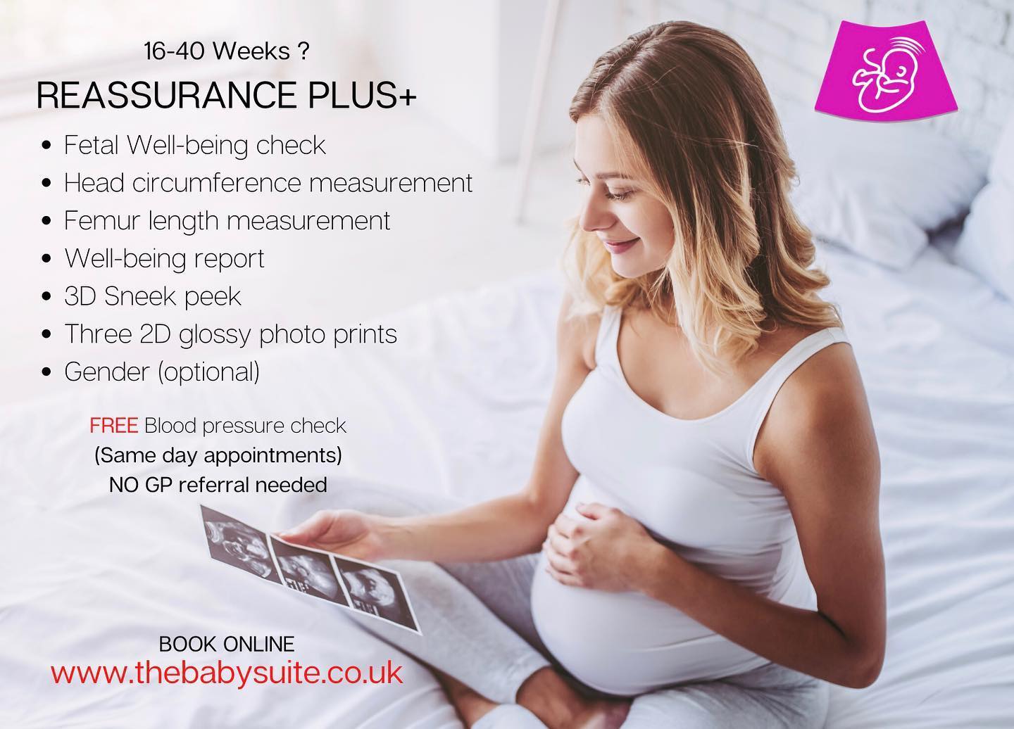 The Baby Suite Facebook ad: Our new Reassurance Plus+ package can be booked…