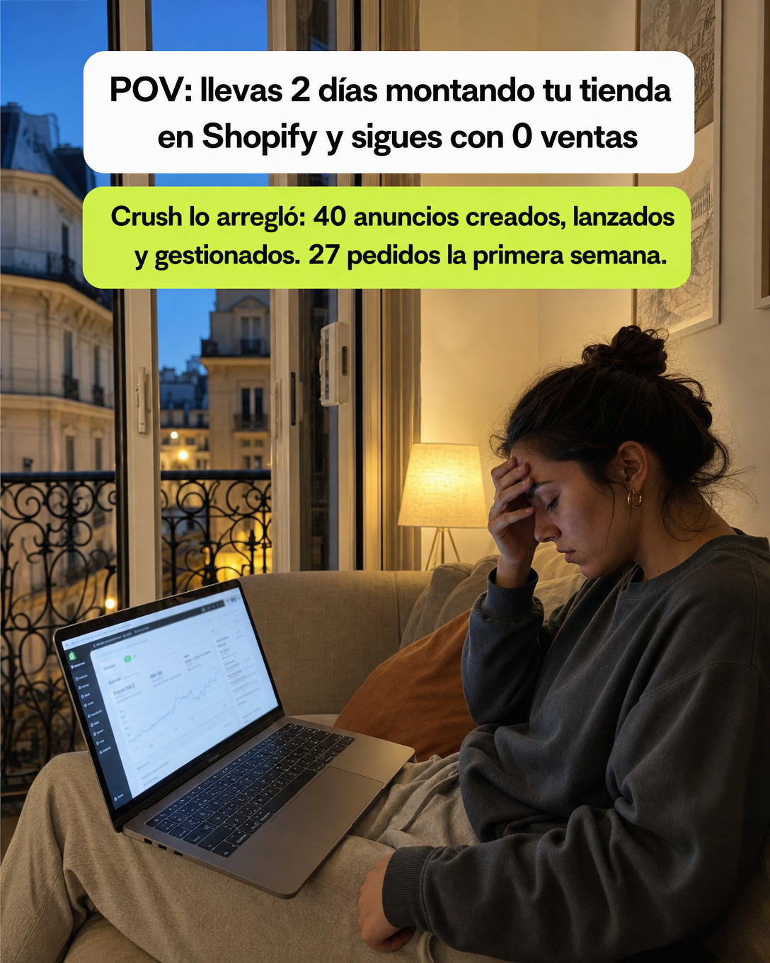 trycrush.ai Facebook ad: POV: 2 días en Shopify y 0 ventas