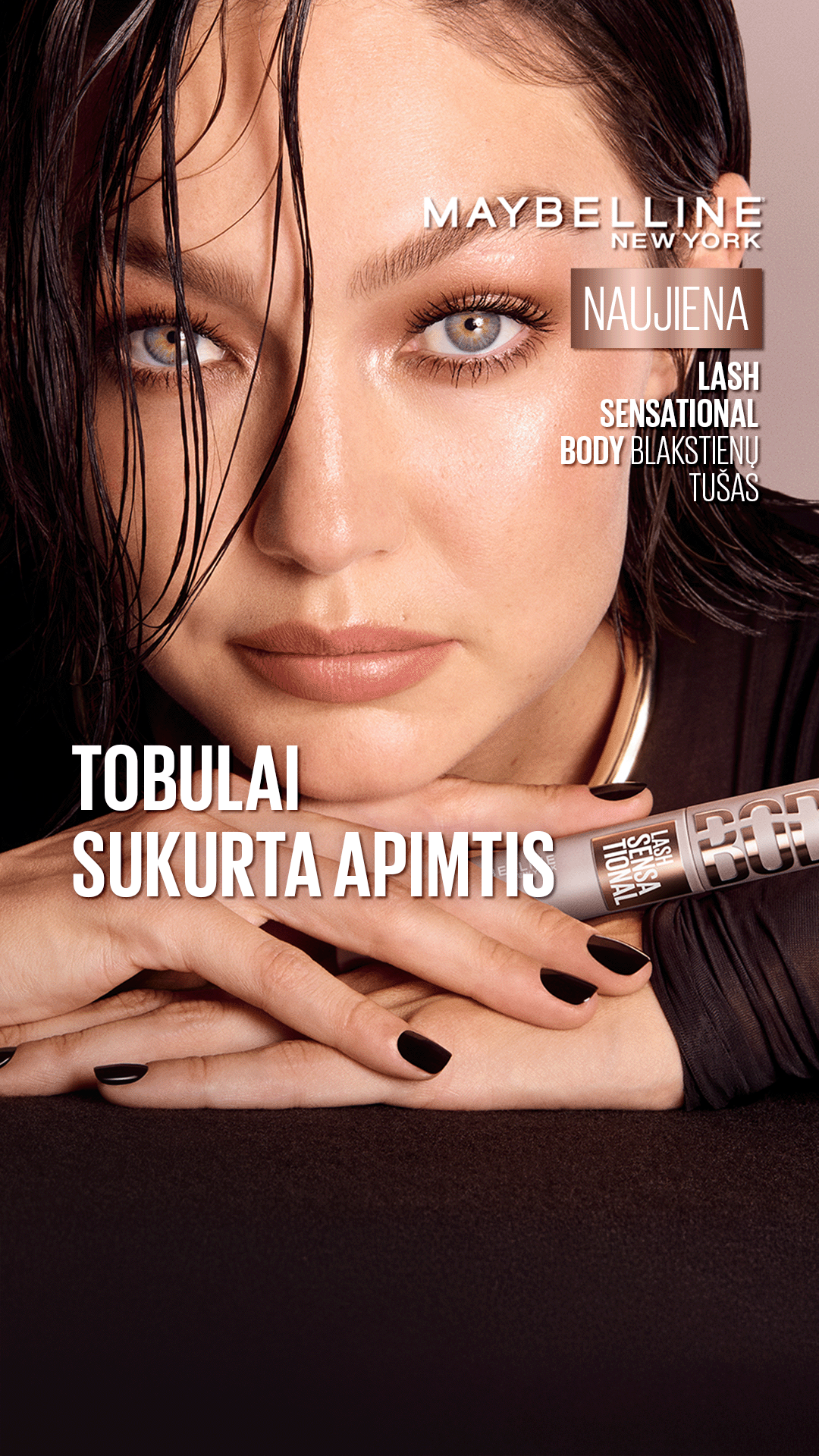 Maybelline New York Facebook ad: Suteik blakstienoms apimties ir iki 24 valandų išliekantį…