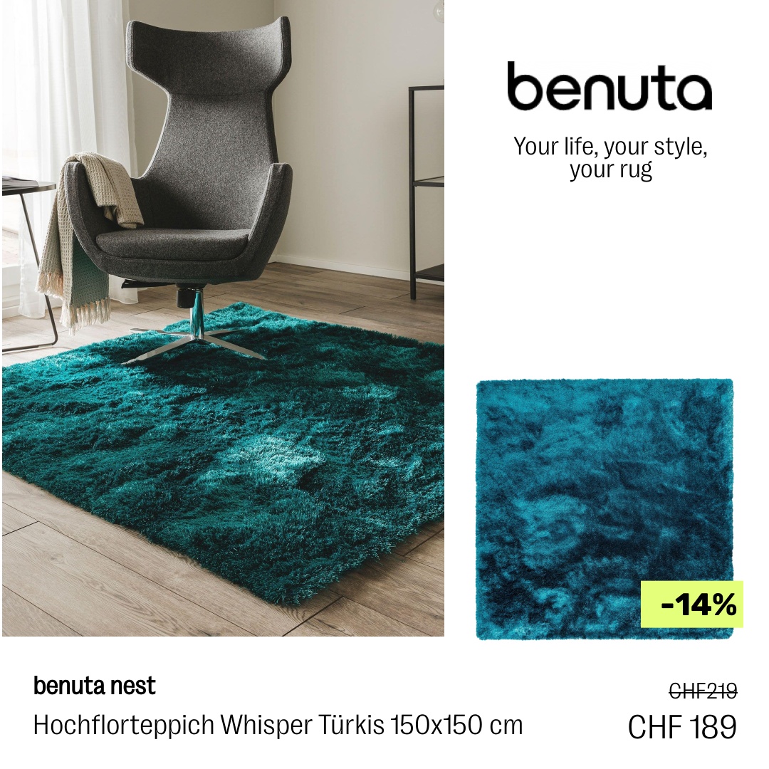 benuta.ch Facebook ad: Gemütliche Teppiche, Verleihen deinem Zuhause Charakter