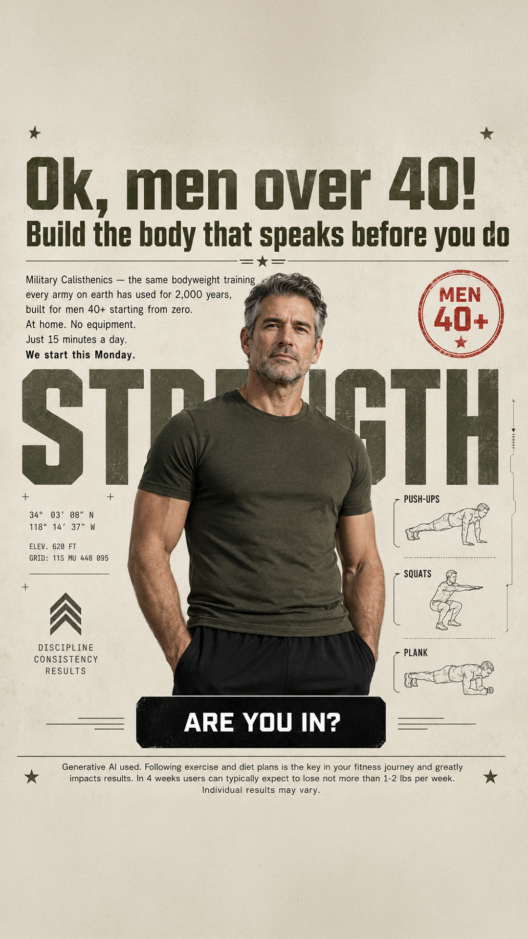 Military Training System Facebook ad: Feel Strong and Unstoppable with Military Calisthenics