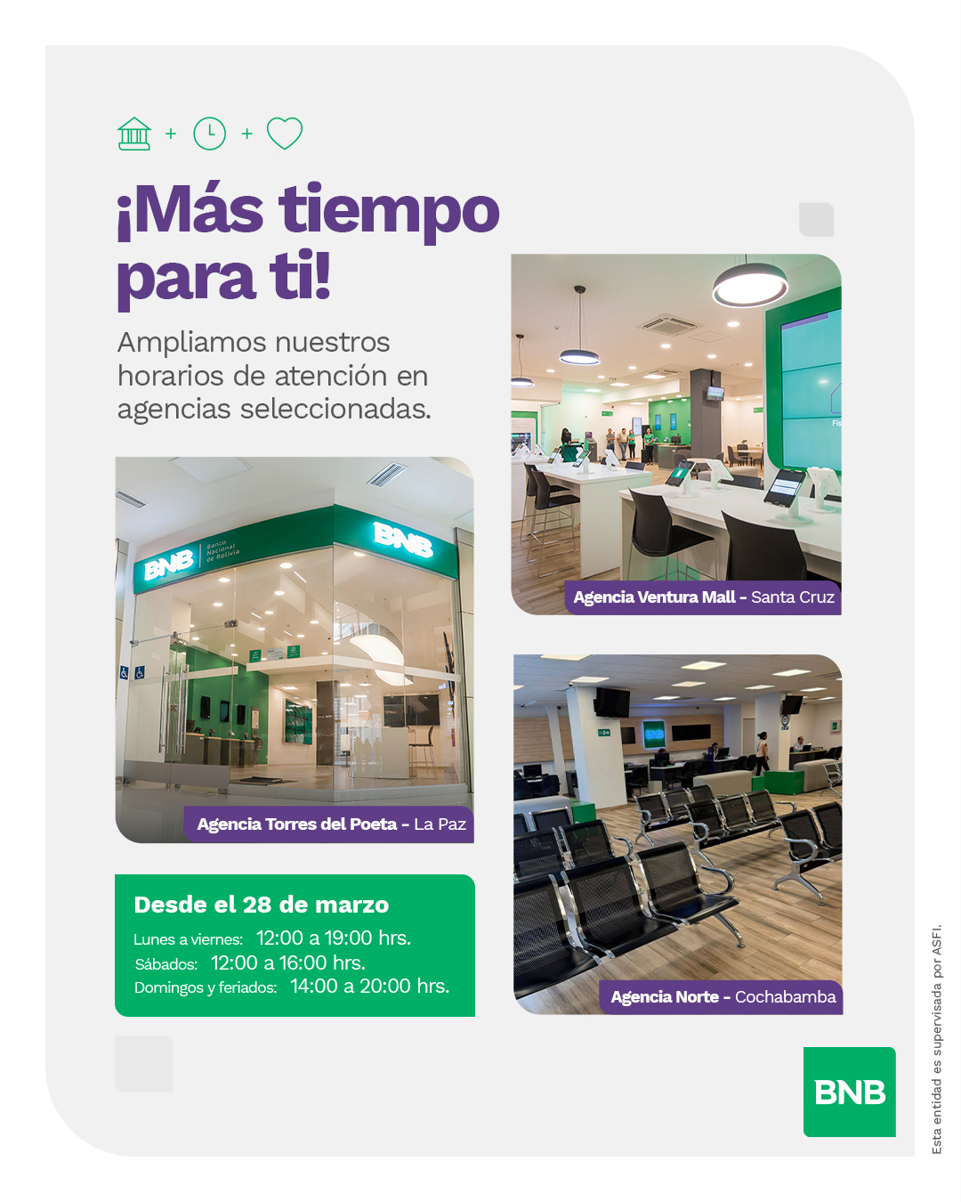 Banco Nacional de Bolivia S.A. Facebook ad: Tu tiempo es importante para nosotros, y queremos…