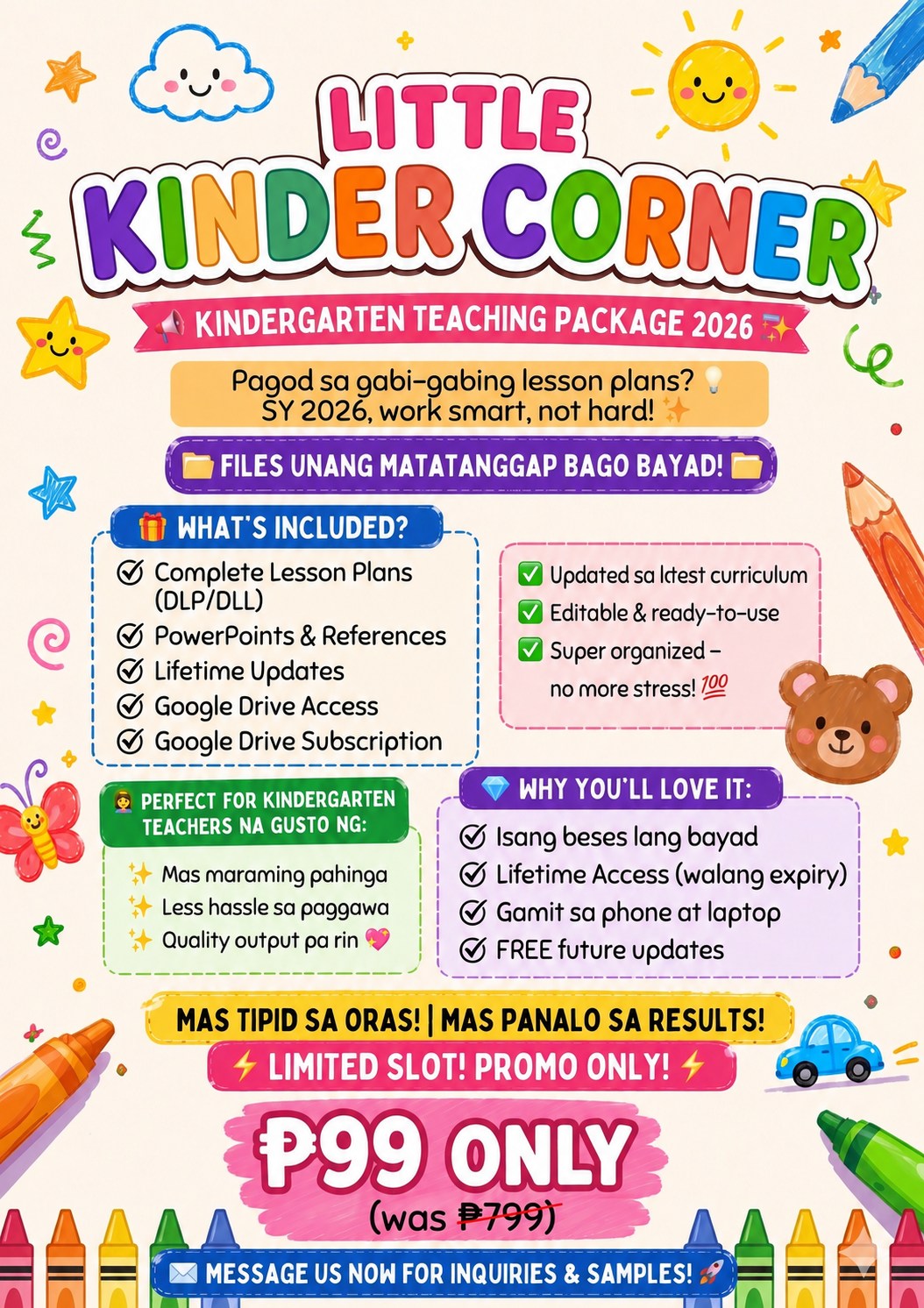 Little Kinder Corner Facebook ad: KINDERGARTEN TEACHING PACKAGE 2026