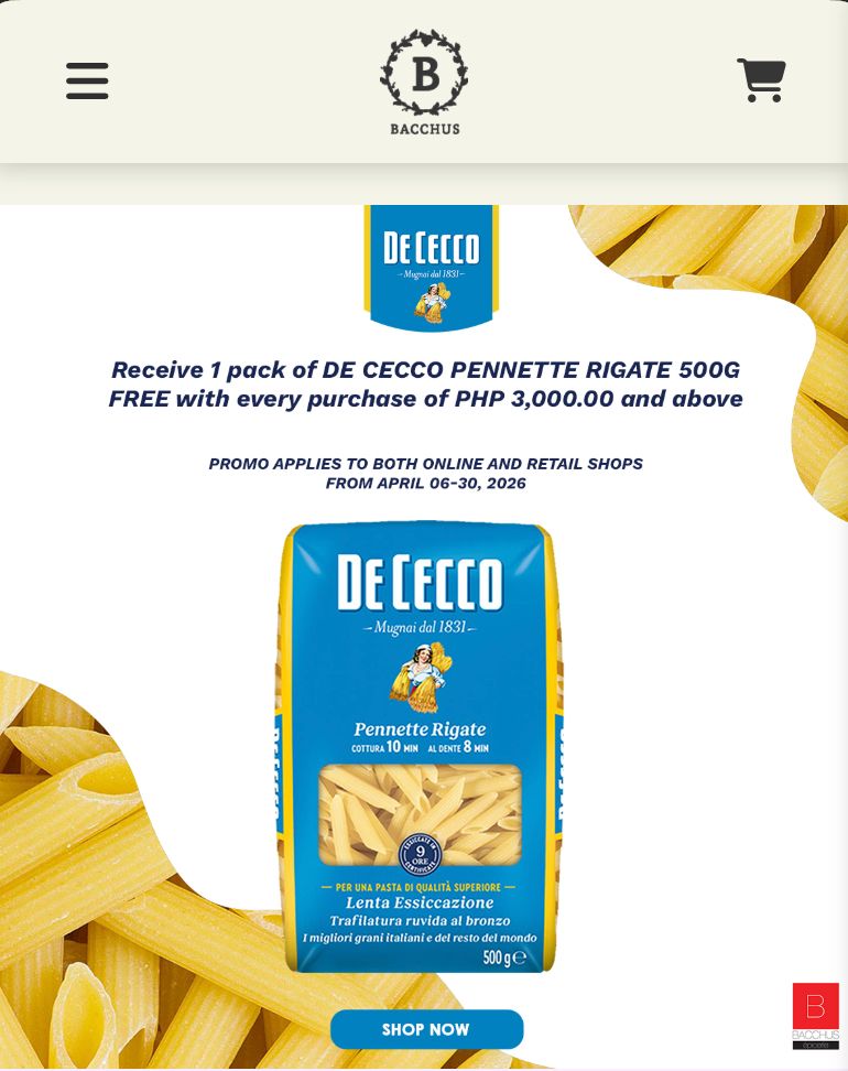 Bacchus Epicerie Facebook ad: FREE pack of De Cecco Pennette Rigate 500g