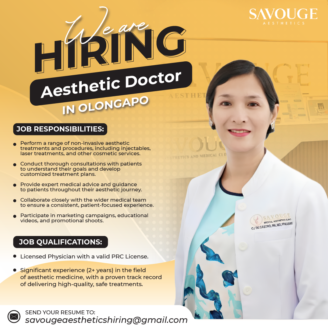 Opportunities by Savouge Aesthetics Facebook ad: URGENT HIRING, AESTHETIC DOCTOR in Olongapo