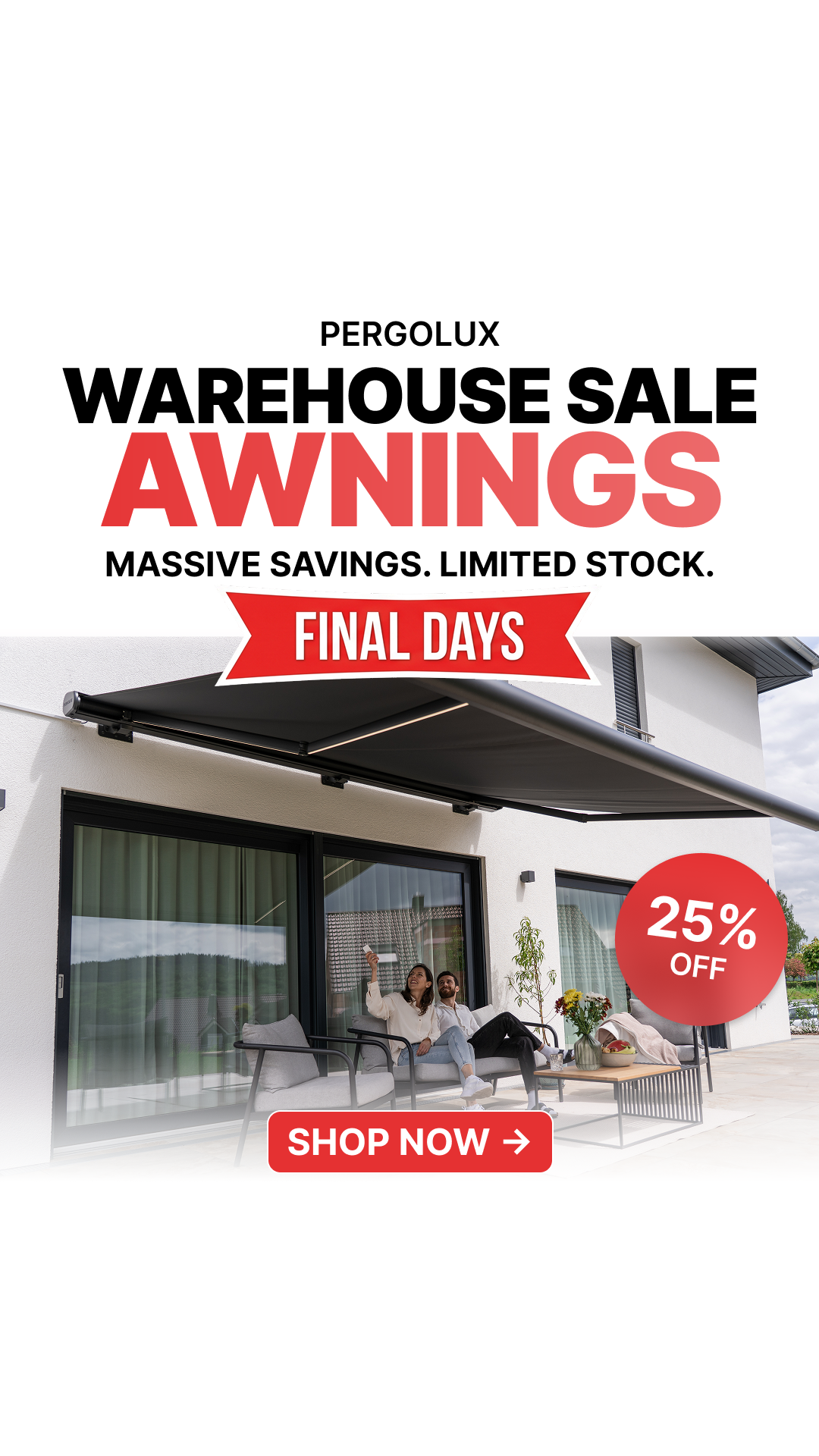pergolux.au Facebook ad: 25% Off All Awnings