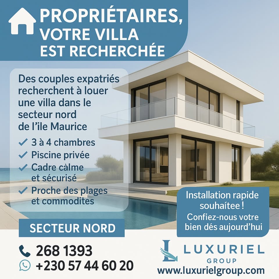 Luxuriel Group Facebook ad: Propriétaires de villas dans le Nord de Maurice…