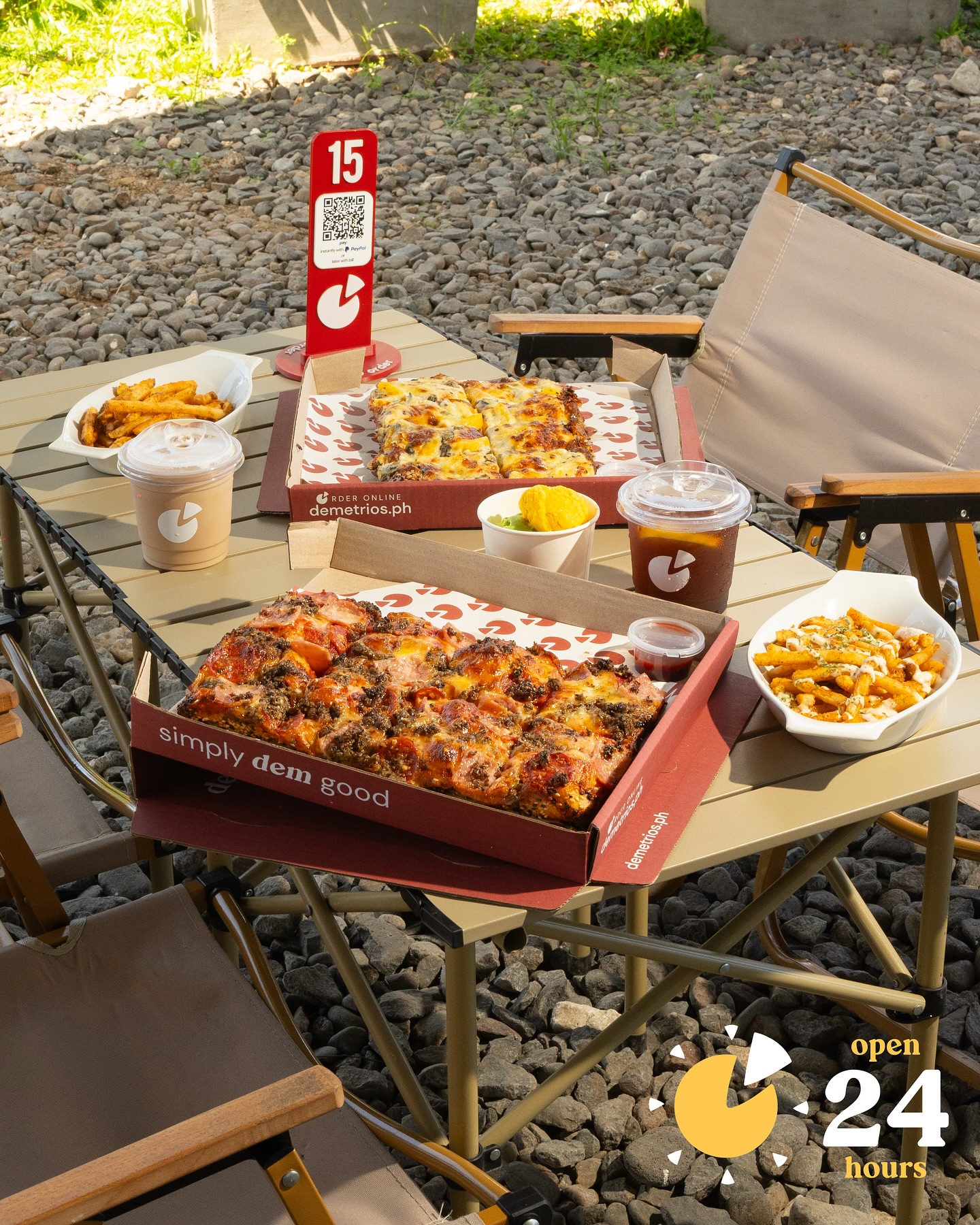 Demetrio's Pizzeria Facebook ad: there’s something about sitting on camping chairs that’s…
