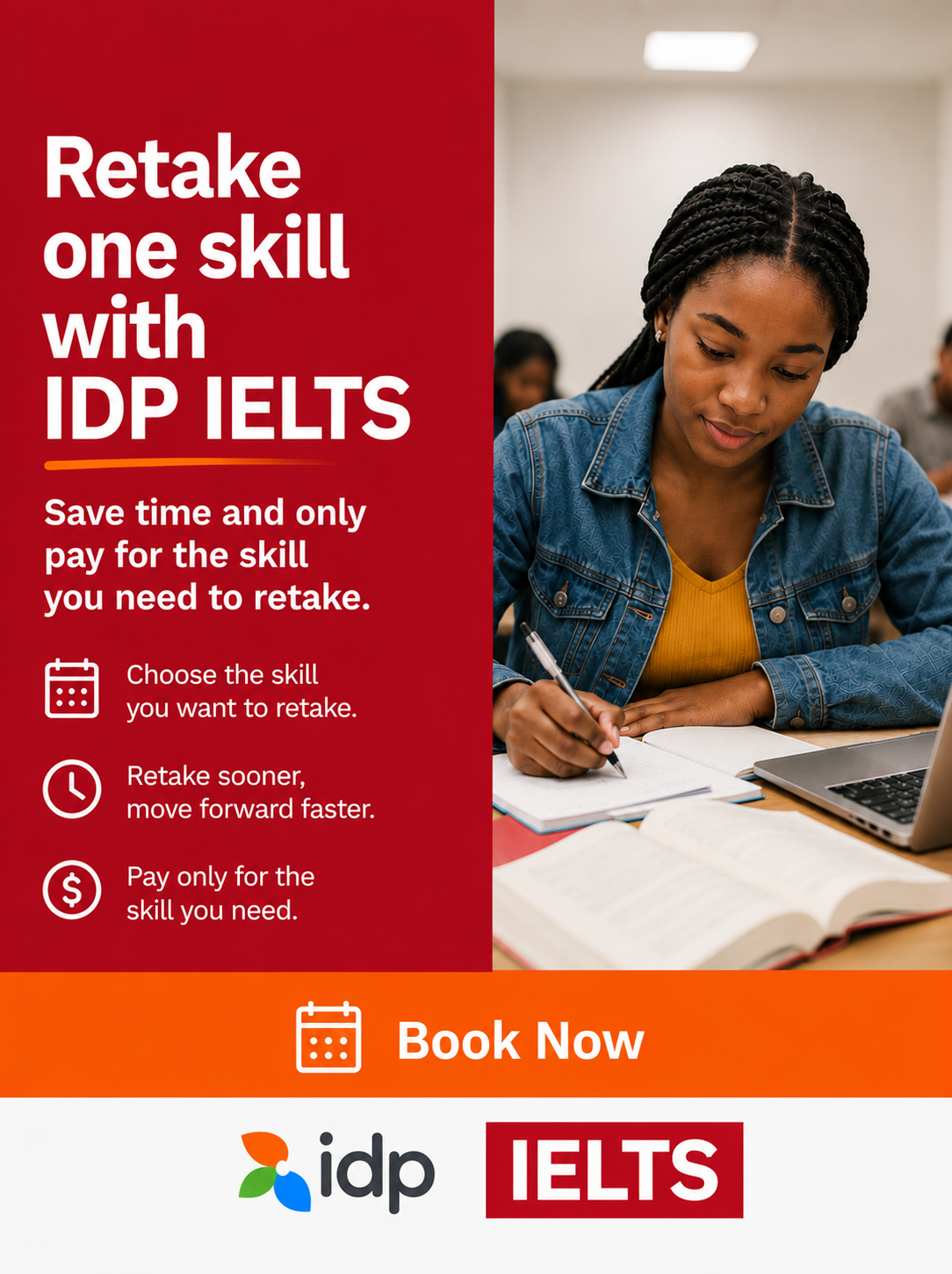 IELTS by IDP Kenya Facebook ad: Retake one skill. Save time and money.