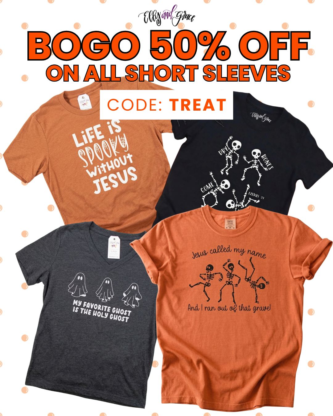 EllyandGrace Facebook ad: Buy 1, Get 1 50% OFF | Code: TREAT