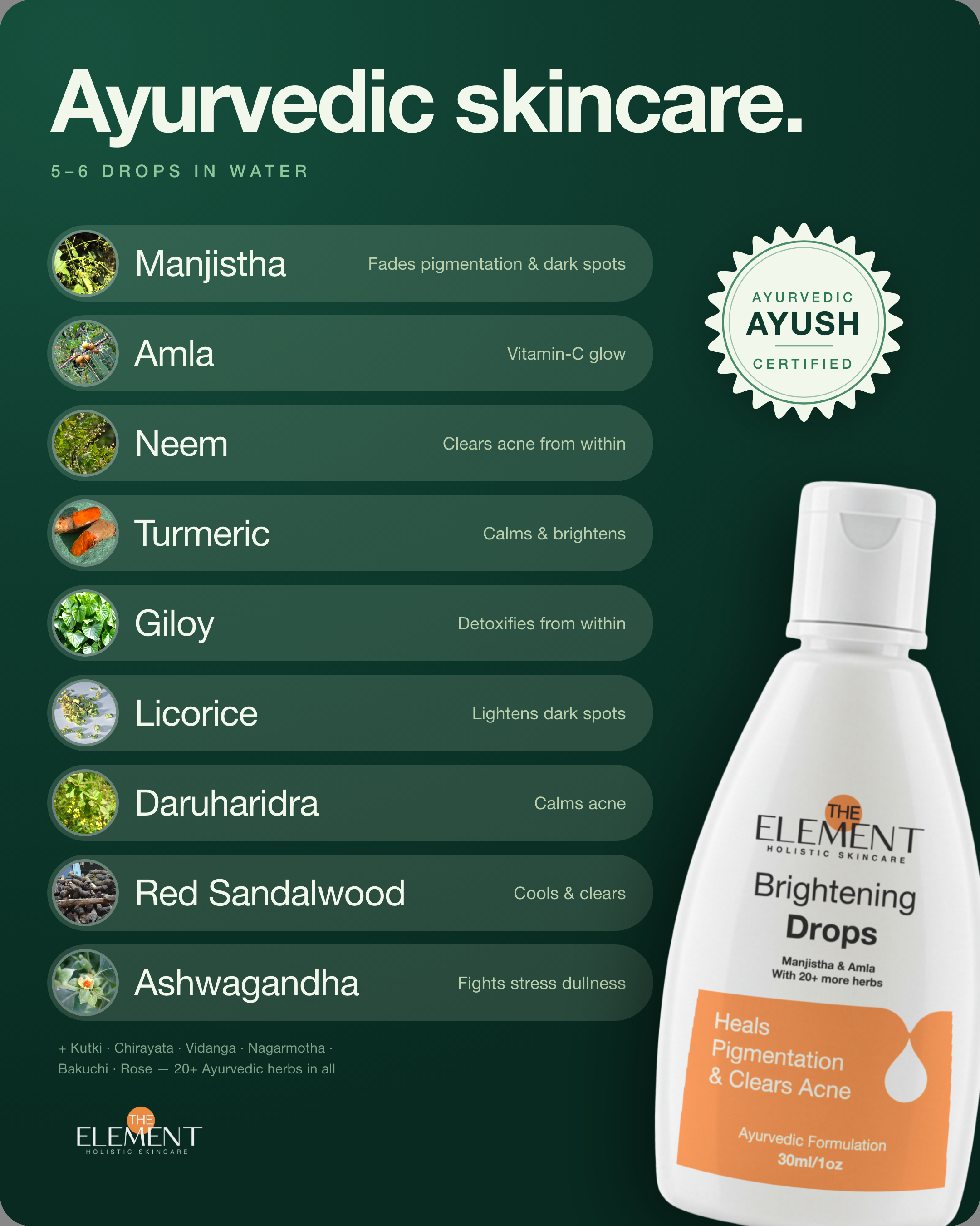 The Element Facebook ad: 20+ Ayurvedic herbs, in water