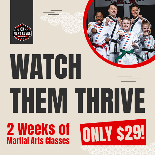 Next Level Martial Arts Tupelo Facebook ad: 𝟐 𝐖𝐄𝐄𝐊𝐒 𝐎𝐅 𝐊𝐈𝐃𝐒 𝐌𝐀𝐑𝐓𝐈𝐀𝐋 𝐀𝐑𝐓𝐒…