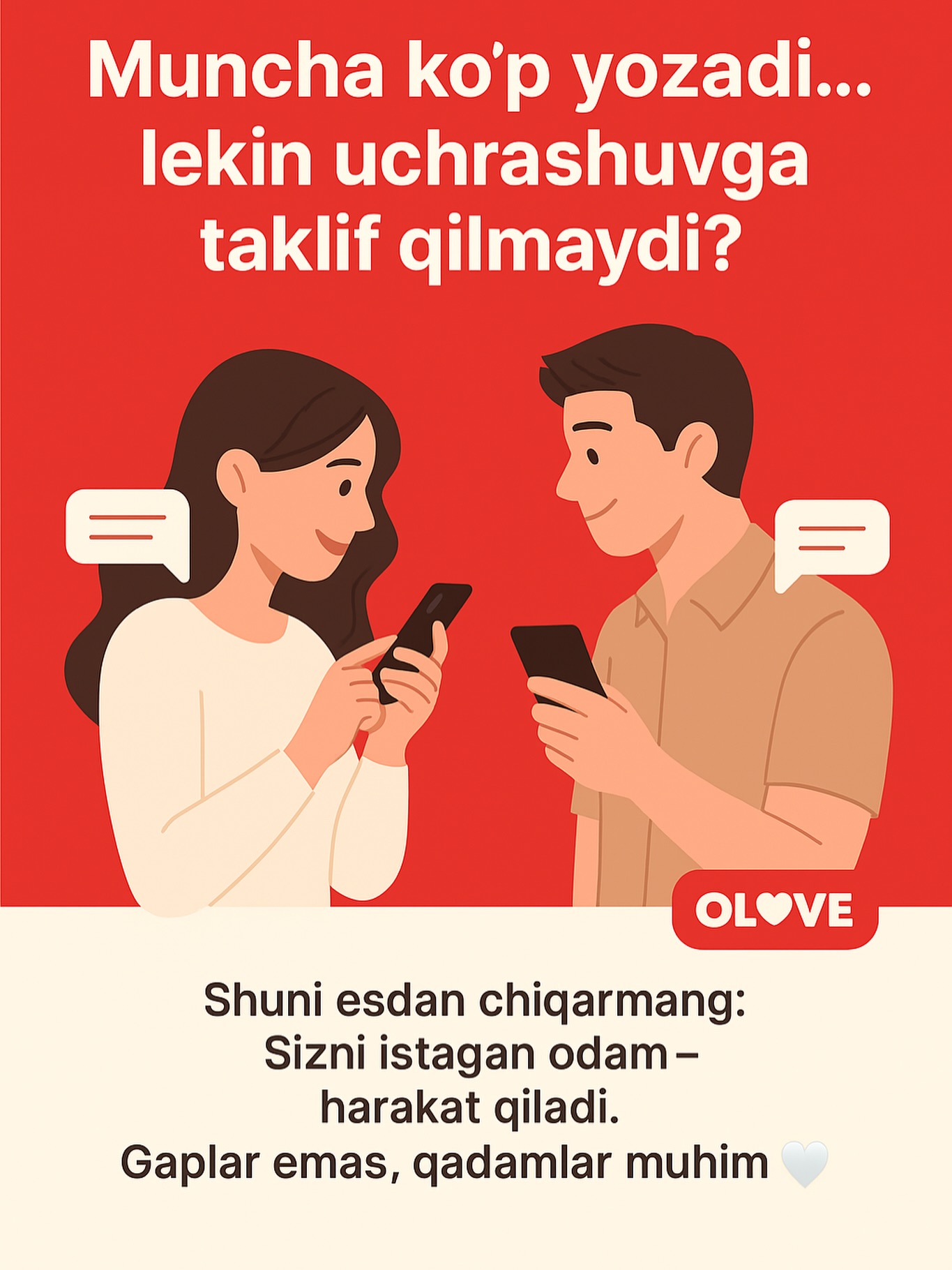 Olove App Facebook ad: U yozadi… kuldiradi… yaxshi gapiradi… lekin uchrashuvga…