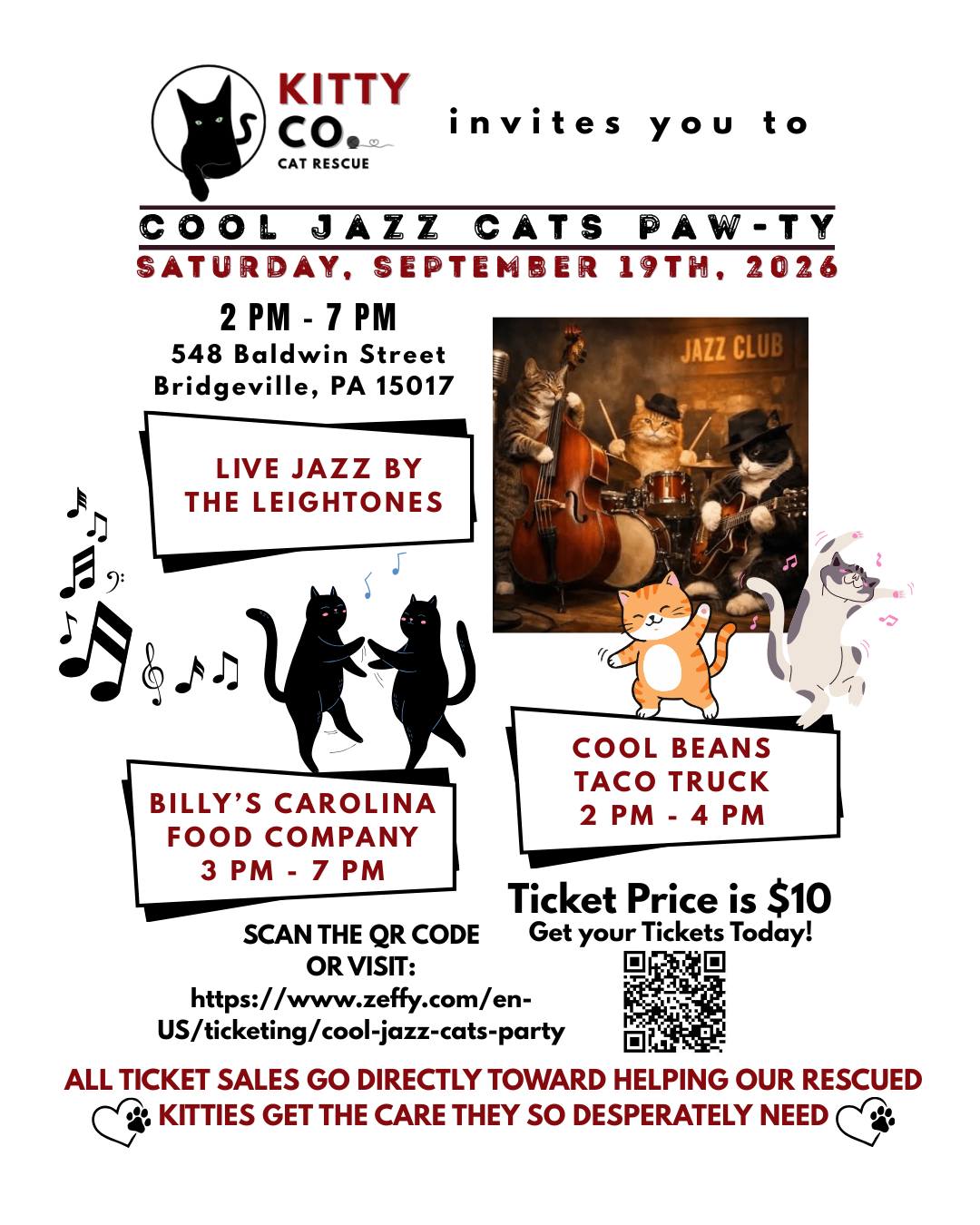 Kitty Co. Cat Rescue and Lounge Facebook ad: You're Invited to the Cool Jazz Cats Paw-ty!