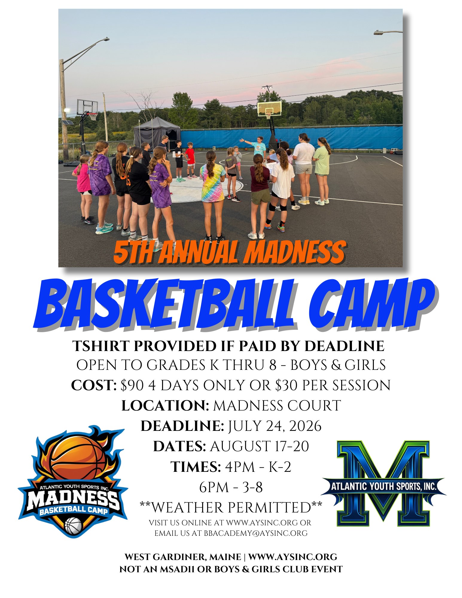 AYS Inc. Madness Basketball Facebook ad: MADNESS BASKETBALL CAMP - TSHIRT DEADLINE!