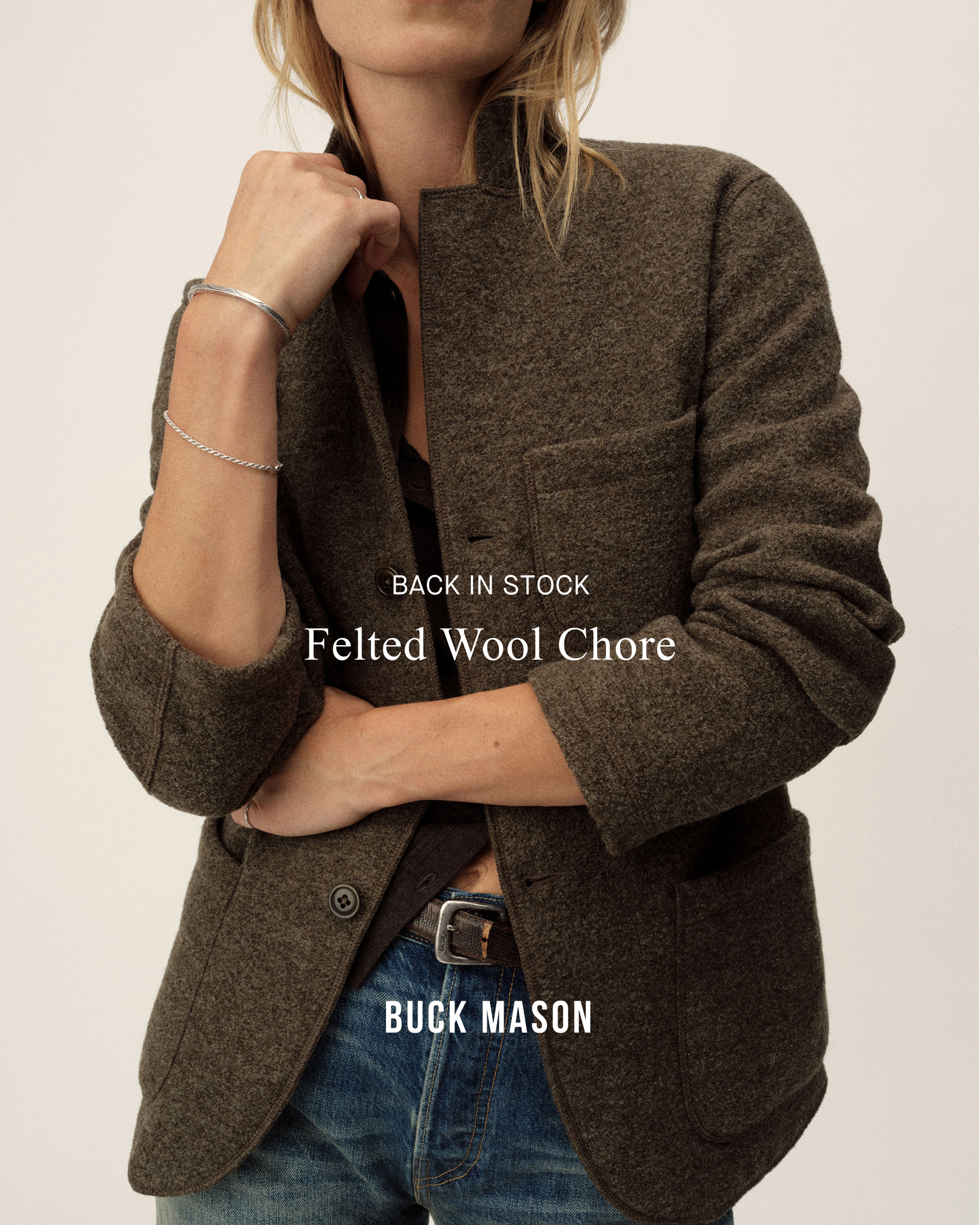 Buck Mason Women's Facebook ad: Felted Chore Coat