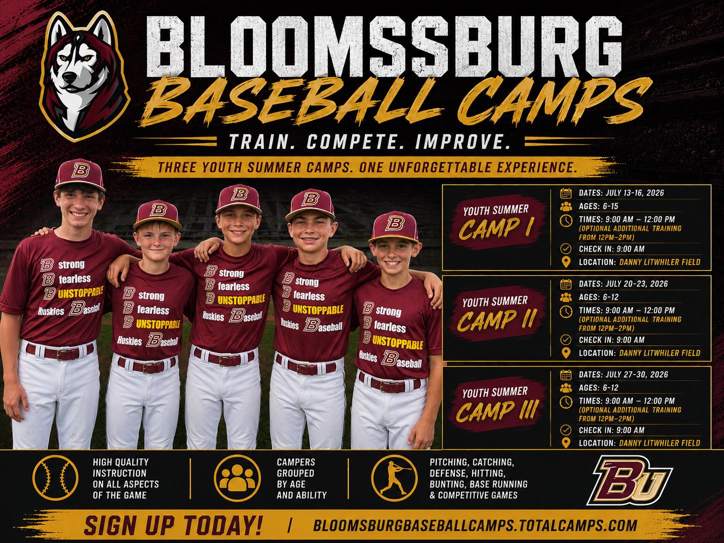 Bloomsburg Huskies Baseball Camps Facebook ad: Huskies Youth Camp is filling up.