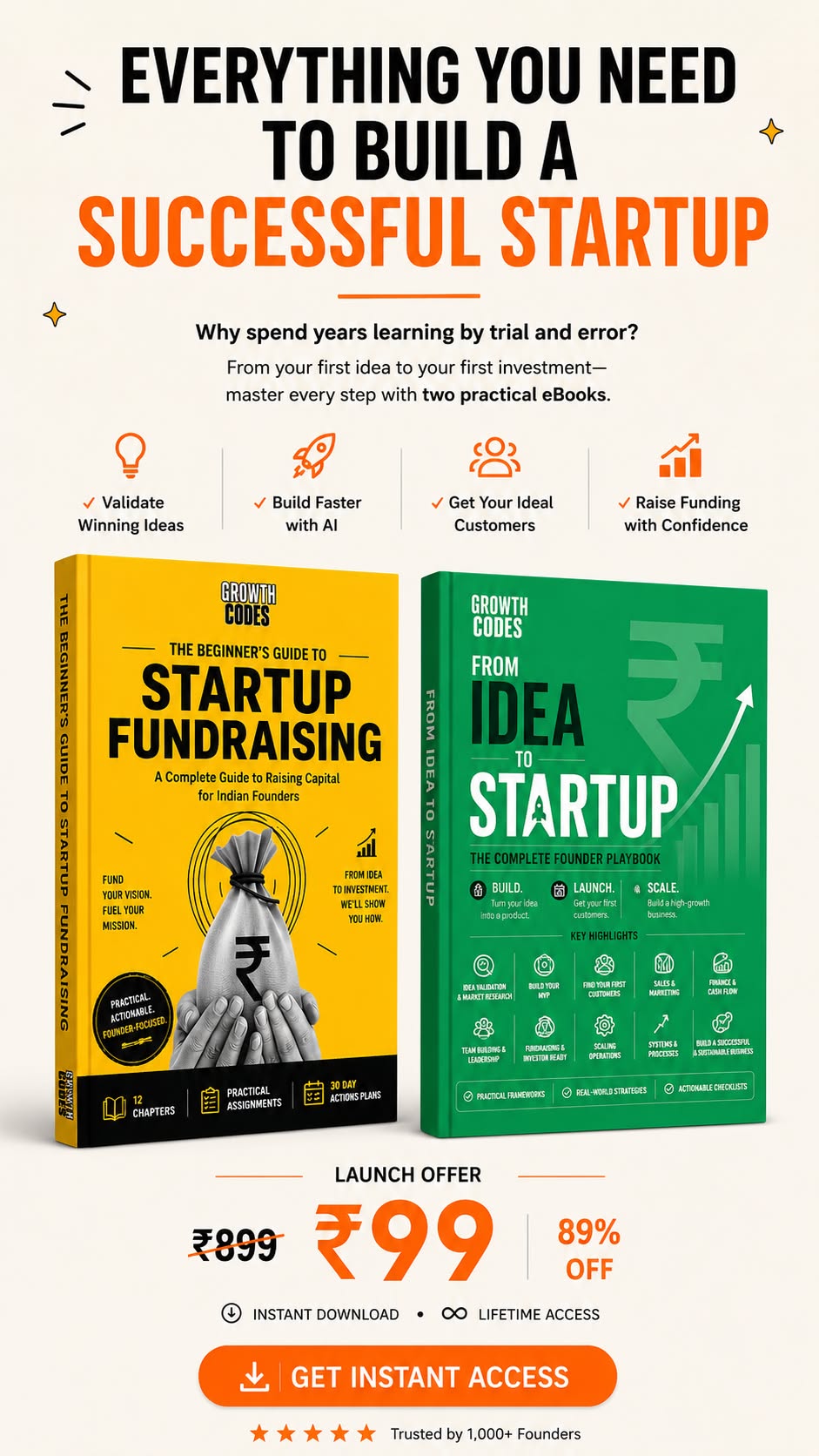 Growthcodes Facebook ad: Ebook: Idea to Startup + Startup Fundraising Guide