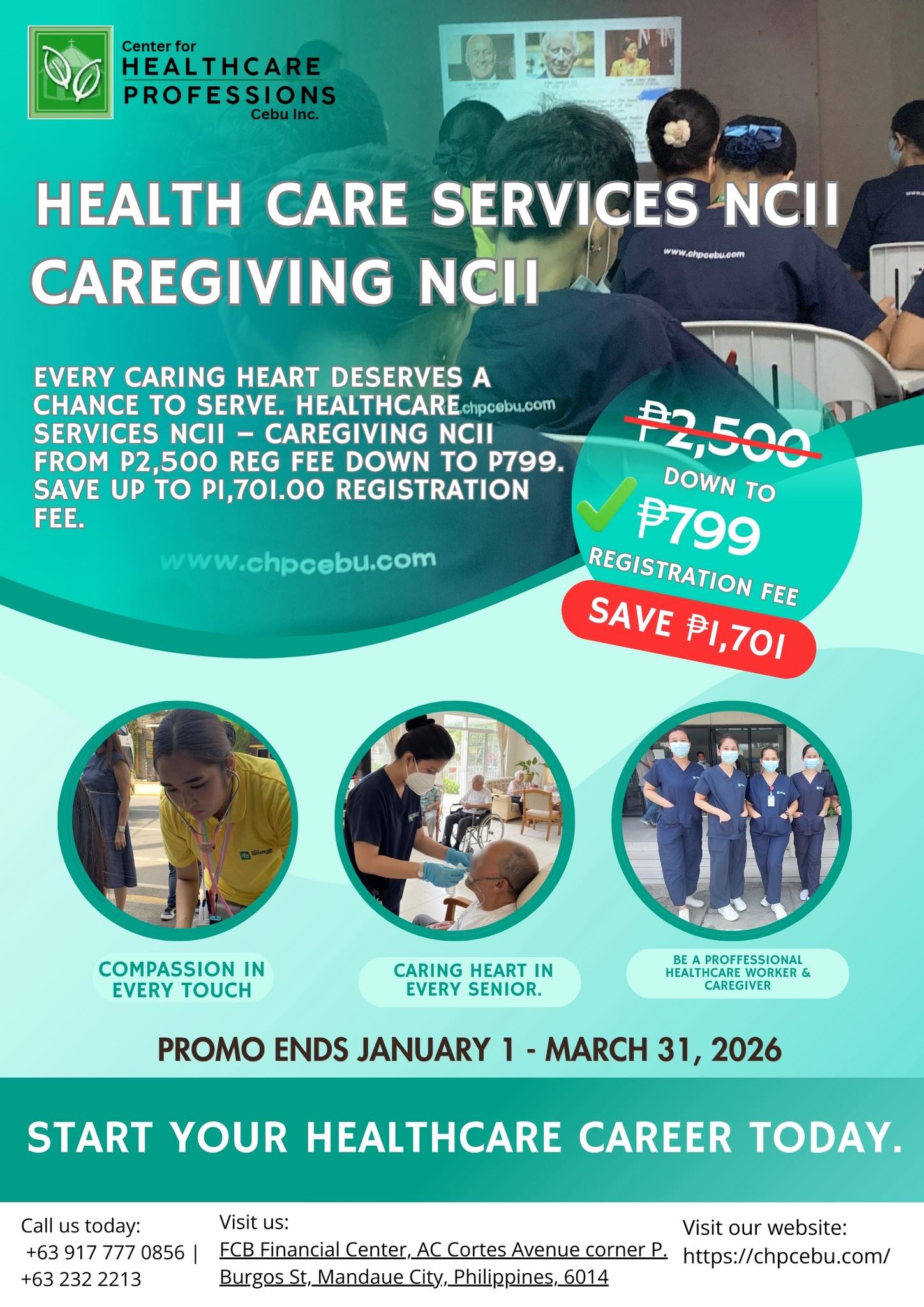 Center for Healthcare Professions Cebu, Inc. Facebook ad: Start Your Healthcare Career Today, Only ₱799!