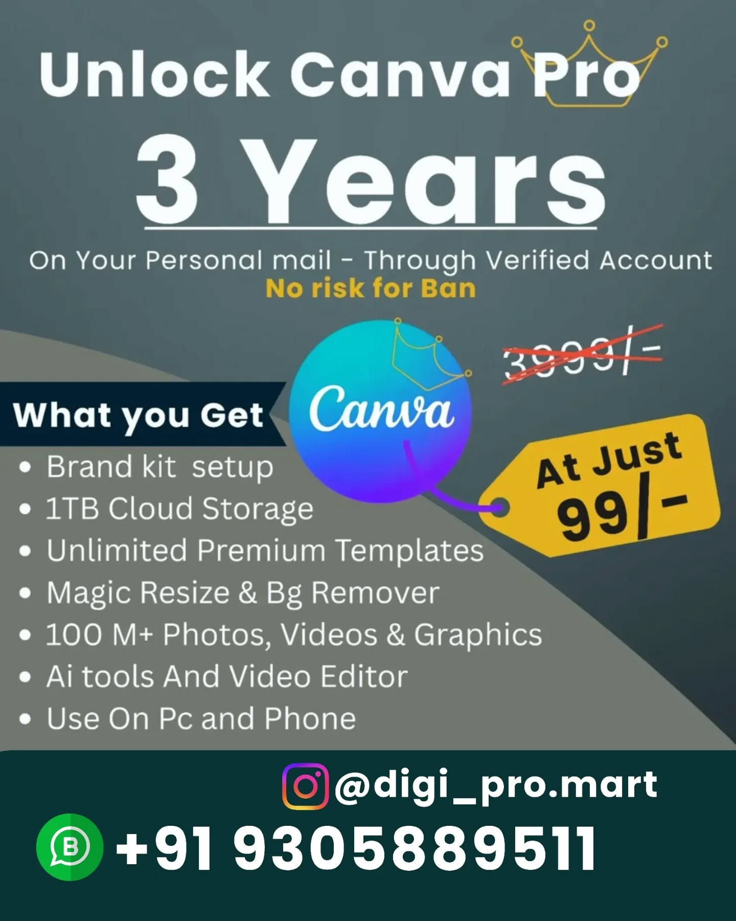 Digi Pro Mart Facebook ad: Verified Canva Pro, Just ₹99!