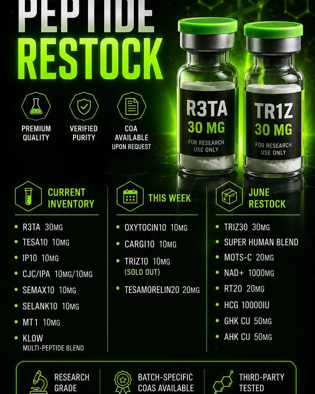 Zach Bergm Facebook ad: Research Peptides - KLOW - R3TA - TESA