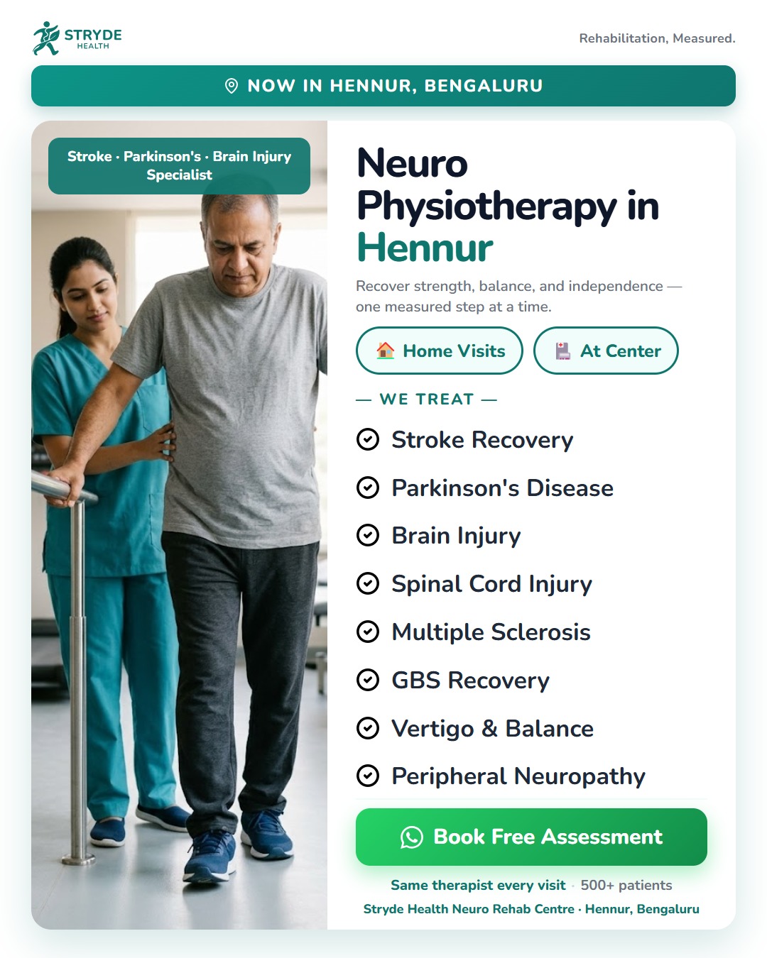stryde health Facebook ad: Neuro physiotherapy in Hennur, recovery, measured one step…