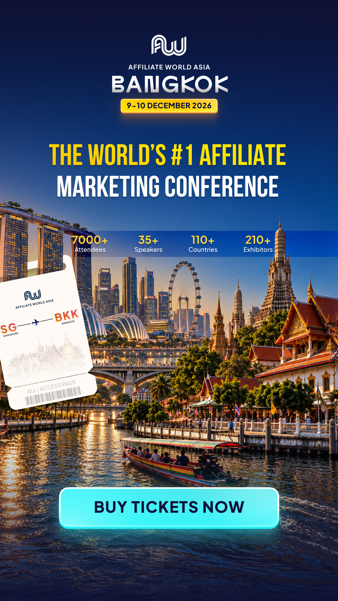 Affiliate World Conferences Facebook ad: Next stop: Bangkok. The industry is boarding.