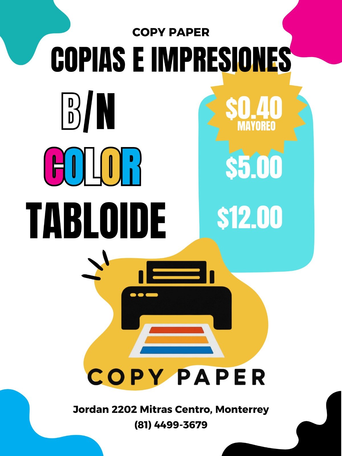 Copy Paper - Monterrey Facebook ad: Mayoreo de copias e impresiones 40¢.