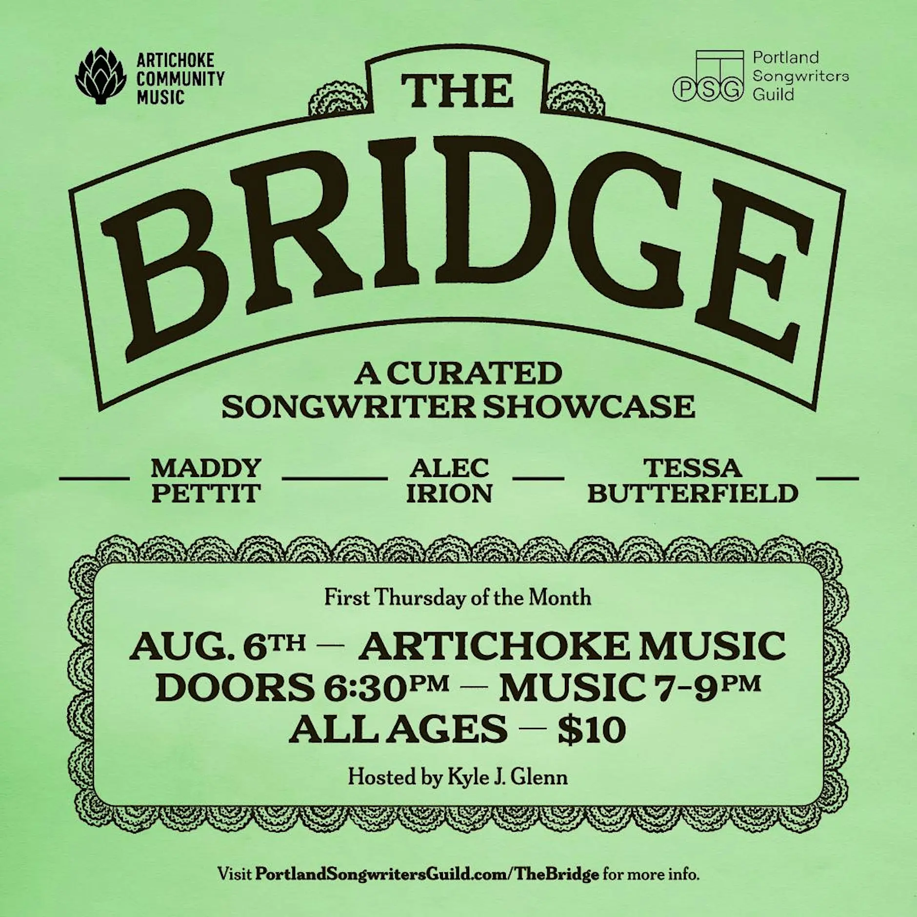 Portland Songwriters Guild Facebook ad: PSG Presents: The Bridge with Maddy Pettit, Alec Irion &…