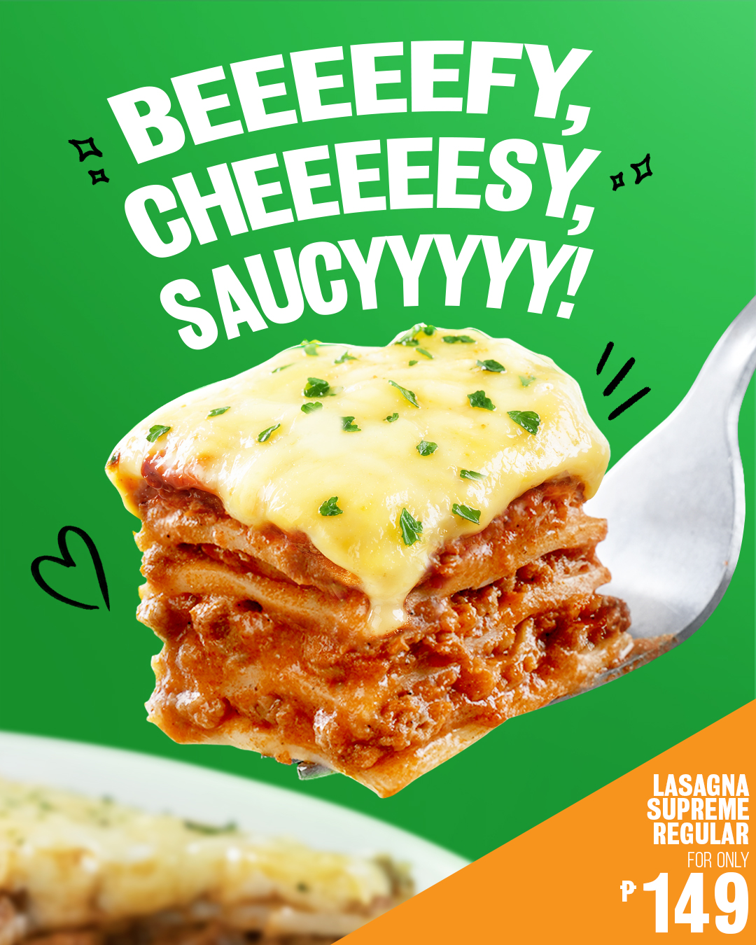 Greenwich Barkada Facebook ad: Meaty layers with cheesy, creamy goodness.