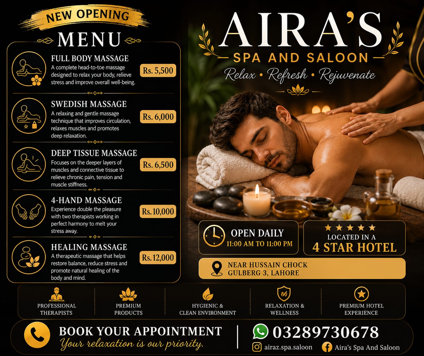 Aira's Wellness Studio Facebook ad: NEW OPENING, AIRA'S SPA & SALOON