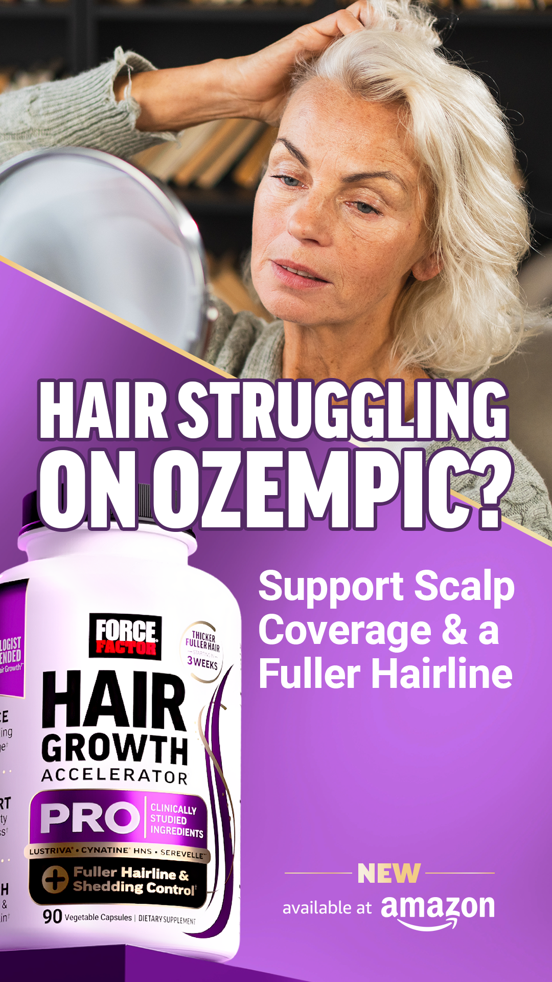 Force Factor Facebook ad: Enjoy Thicker, Fuller Hair Starting in 3 Weeks.