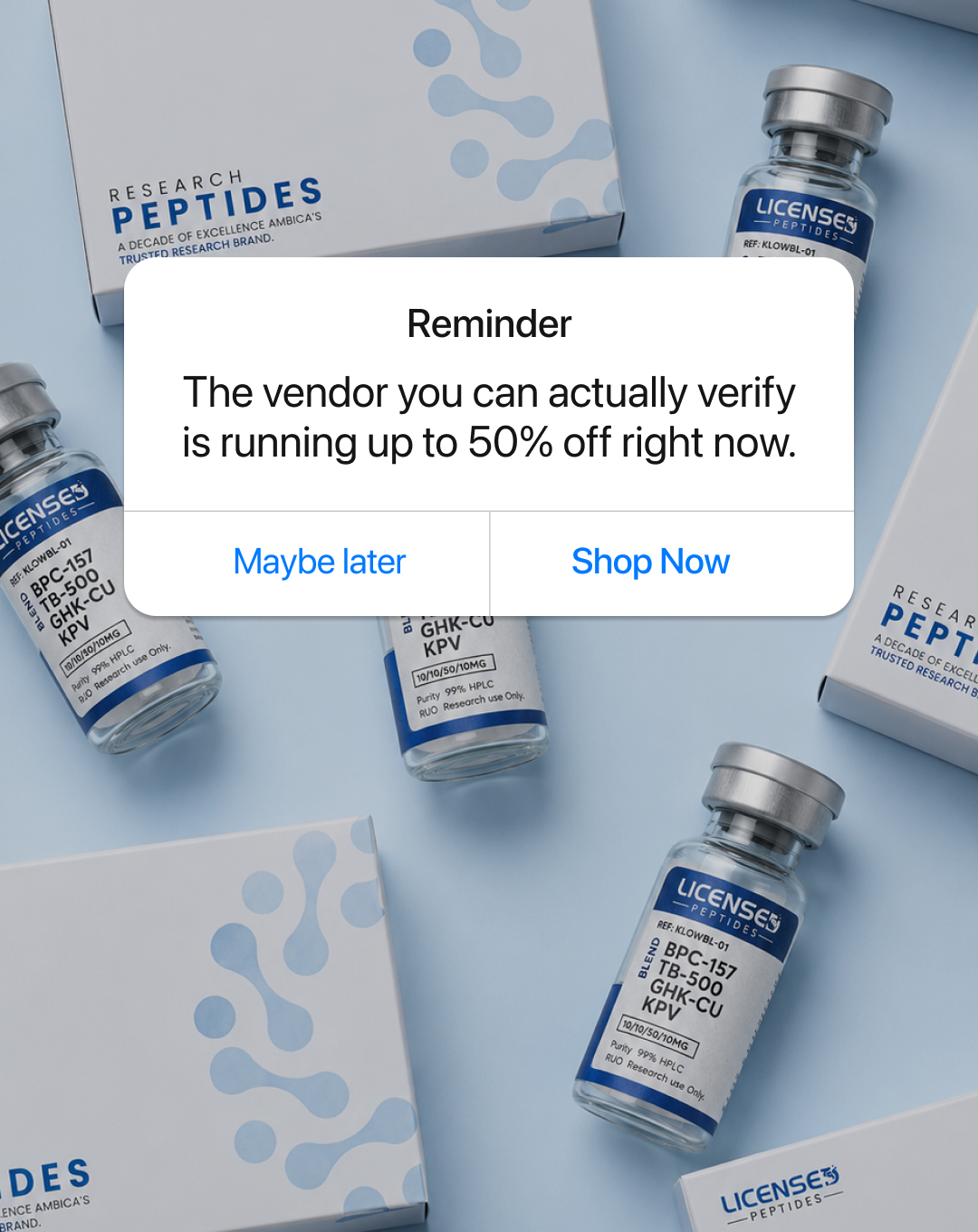 Licensed Peptides Facebook ad: Up to 50% OFF Research Peptides