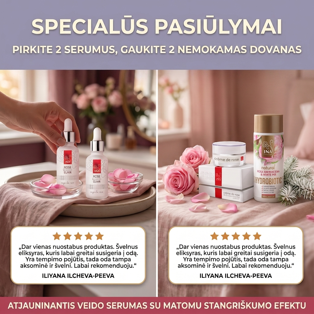 Šeimos Organinė Kosmetika - InaEssentials.lt Facebook ad: Pirk 2 serumus Rose Elixir, kremą ir Hydrobiotic dovanų
