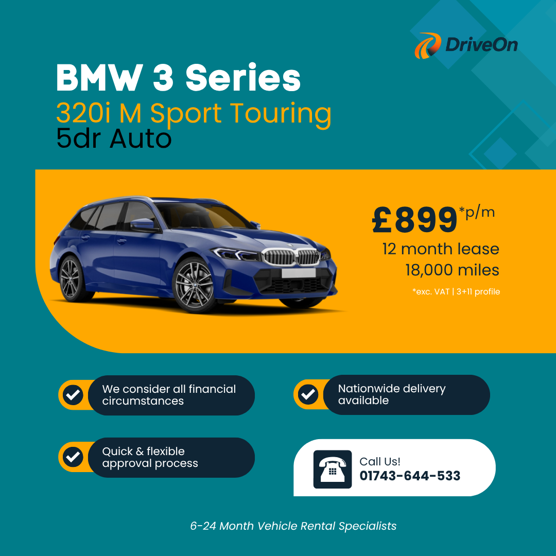 DriveOn Vehicle Rental Facebook ad: BMW 320i M Sport Touring, £899/mo