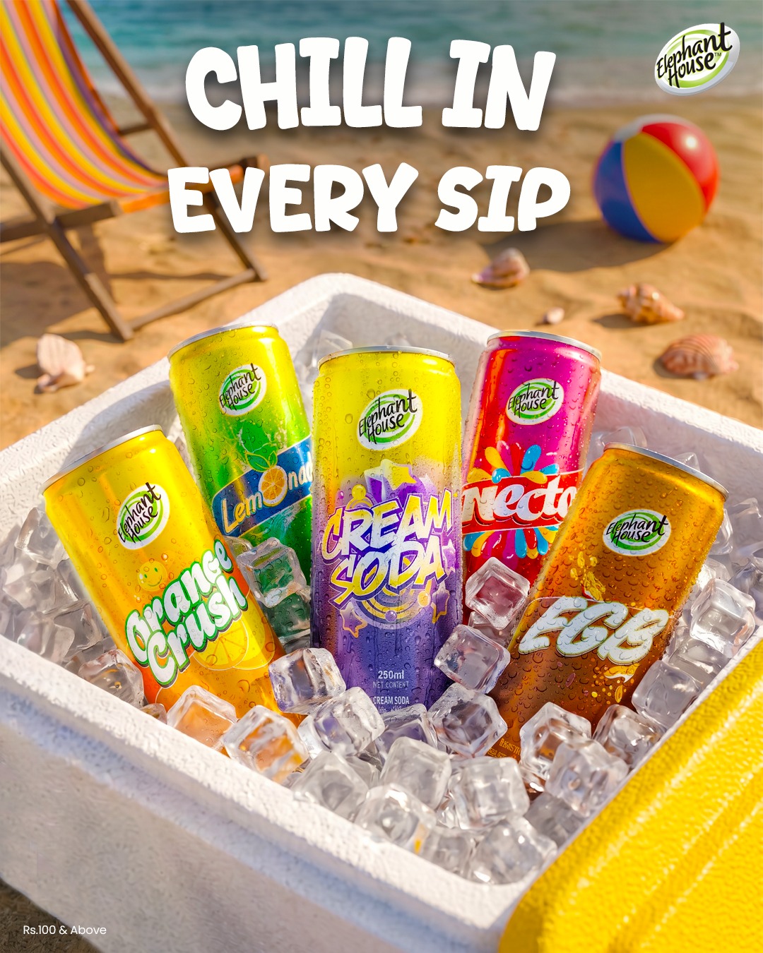 Elephant House - Beverages Facebook ad: Cold cans. Beach plans.