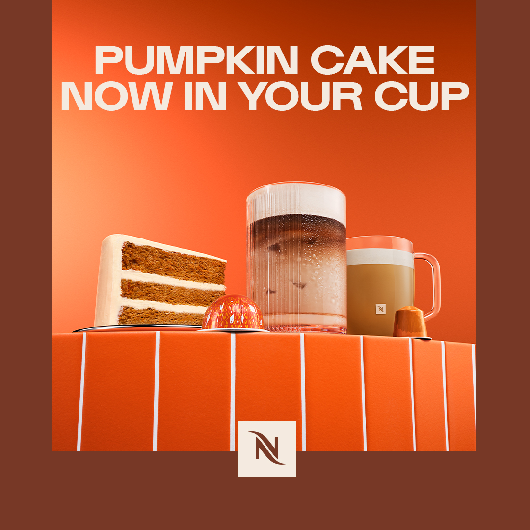 Nespresso Facebook ad: Warm spice, cold comfort. Try Pumpkin Spice Cake today.