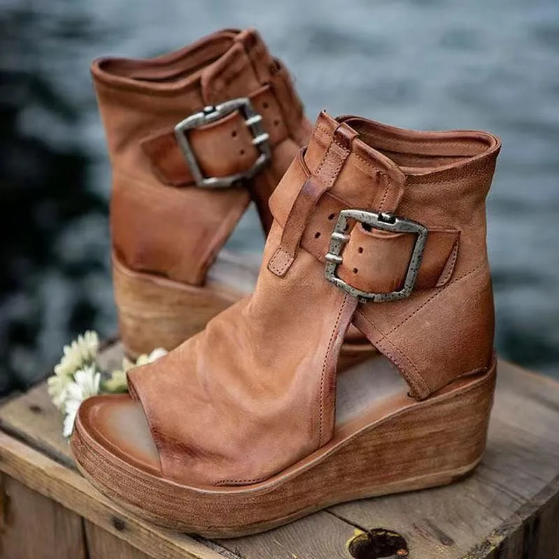 Discount shoes Facebook ad: Buckle Wedge High Heel Solid Peep Open Toe Casual Sandals