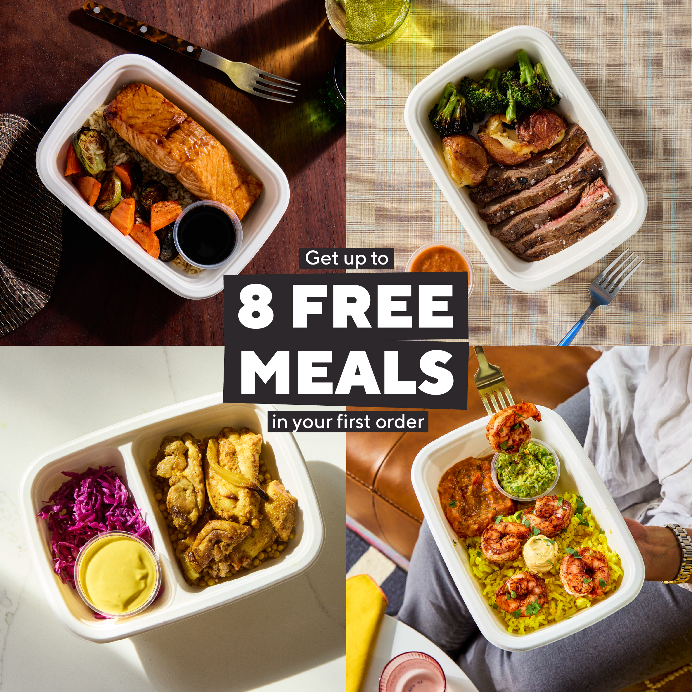 CookUnity Facebook ad: Click Here to Get Up To 8 Free Meals!