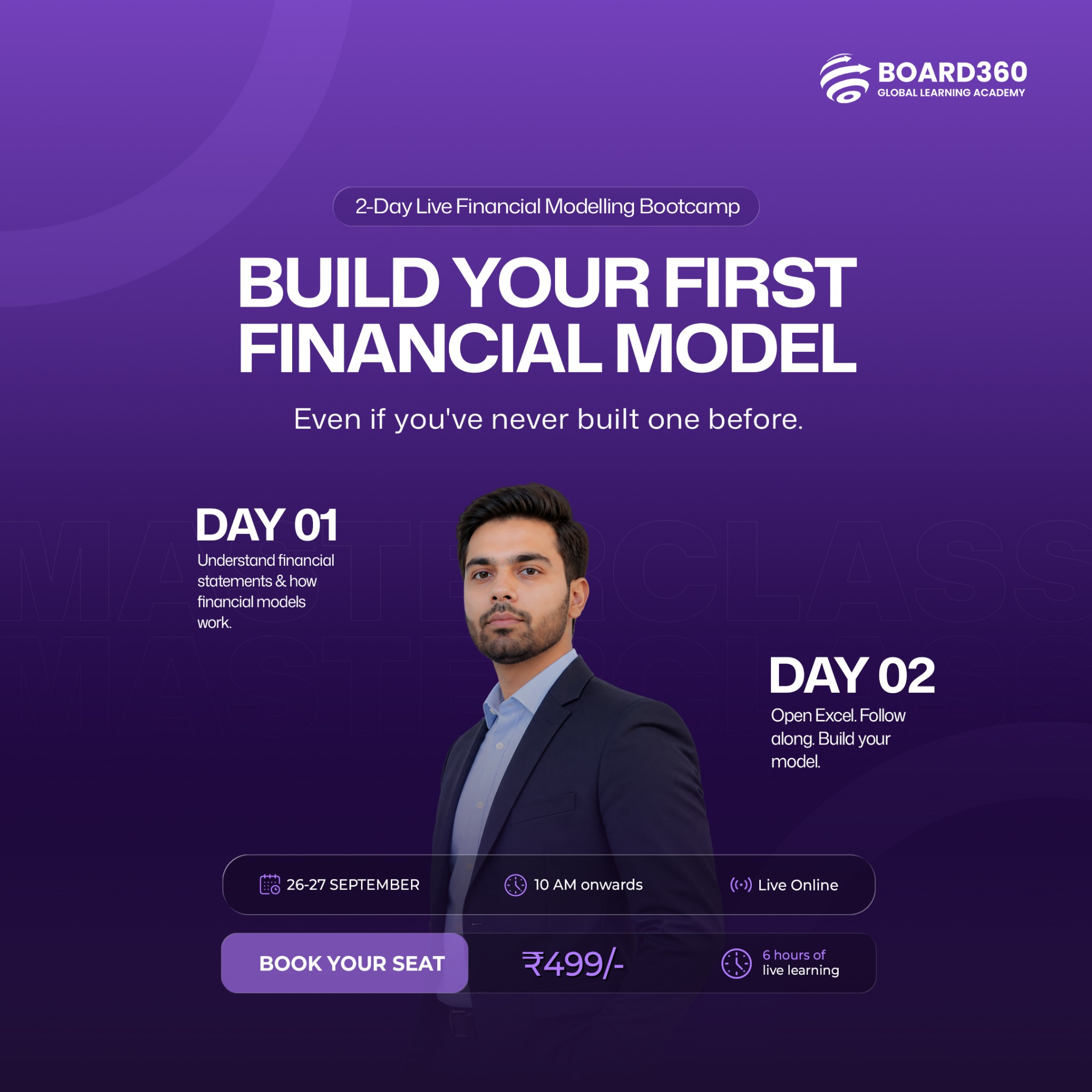 Board360 Facebook ad: Build Your First Financial Model in 2 Days. ₹499 Only.