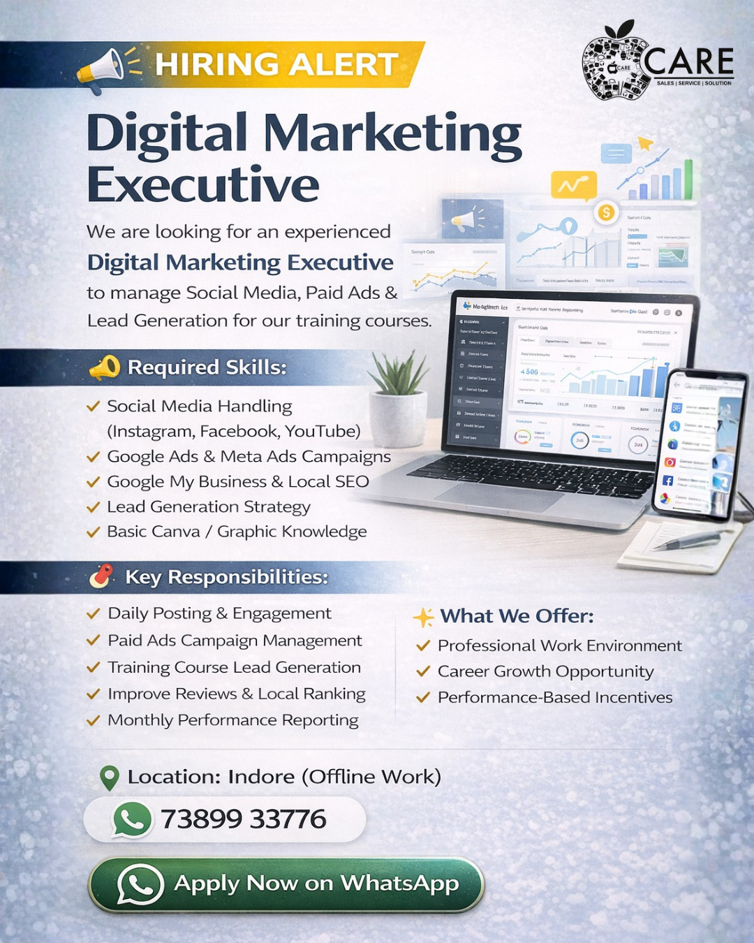 A-care Sales & Service Facebook ad: Hiring Digital Marketing Executive, Indore