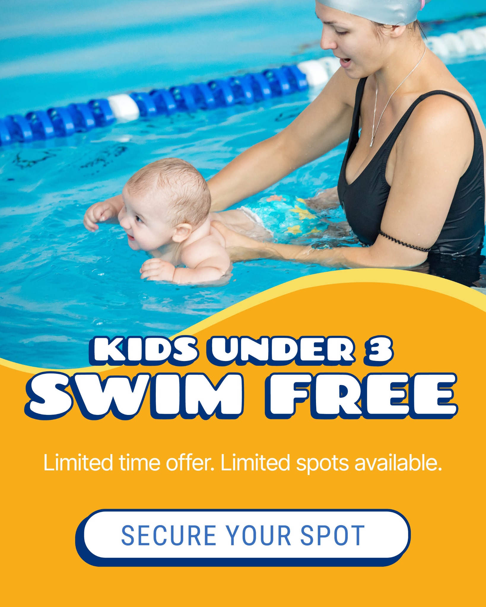 Wise Swim School Facebook ad: Kids Under 3 Swim FREE