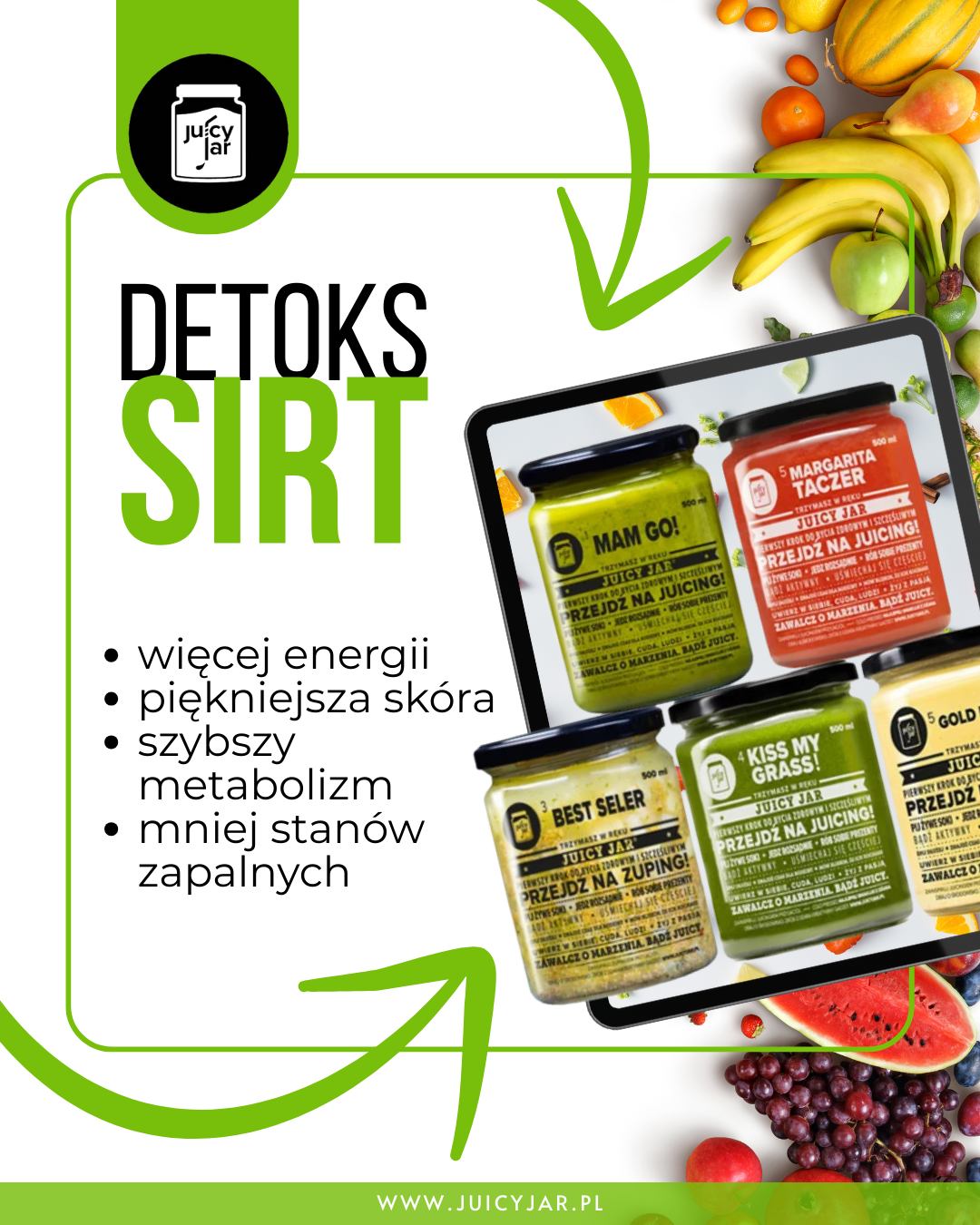 Catering dietetyczny Juicy Jar Facebook ad: SIRT DETOKS JUICY JAR, pij na zdrowie i…