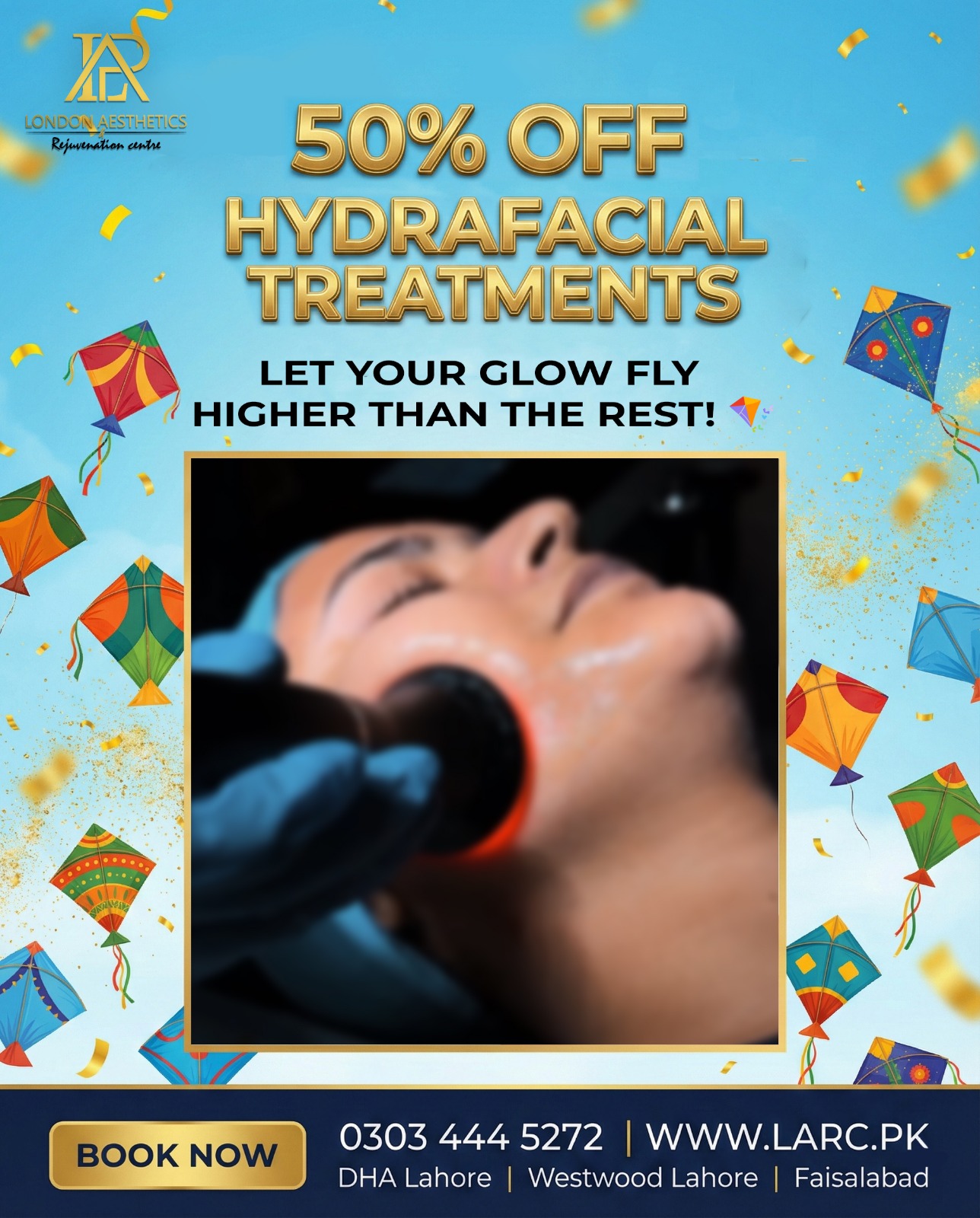 London Aesthetics Facebook ad: 50% OFF HYDRAFACIAL TREATMENTS!