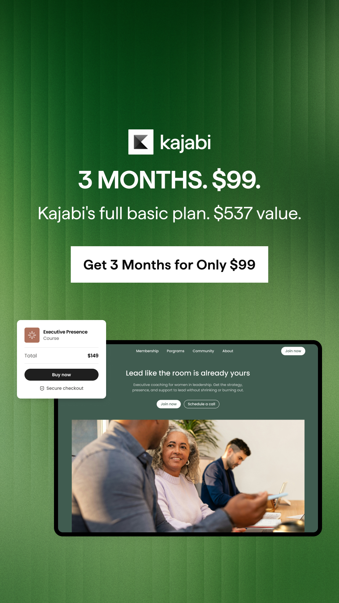 Kajabi Facebook ad: Three months. One platform. Unlimited potential.