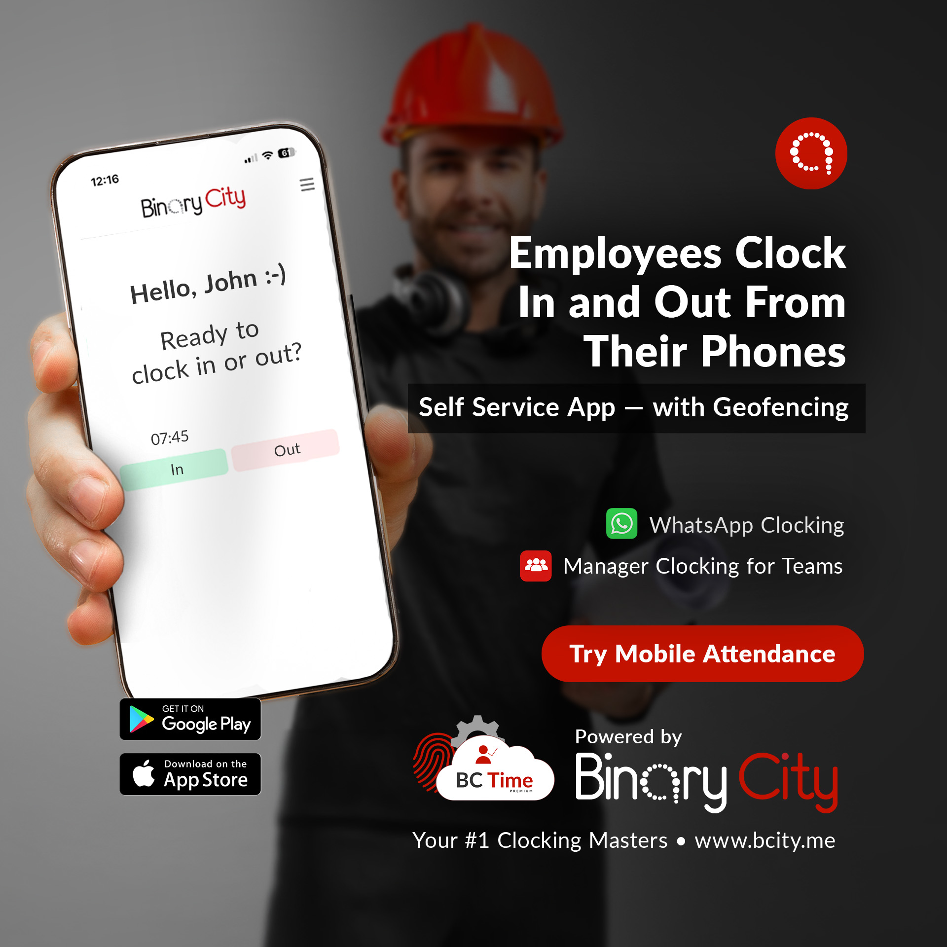 Binary City Facebook ad: Your Team. Their Phones. Clocking Sorted!