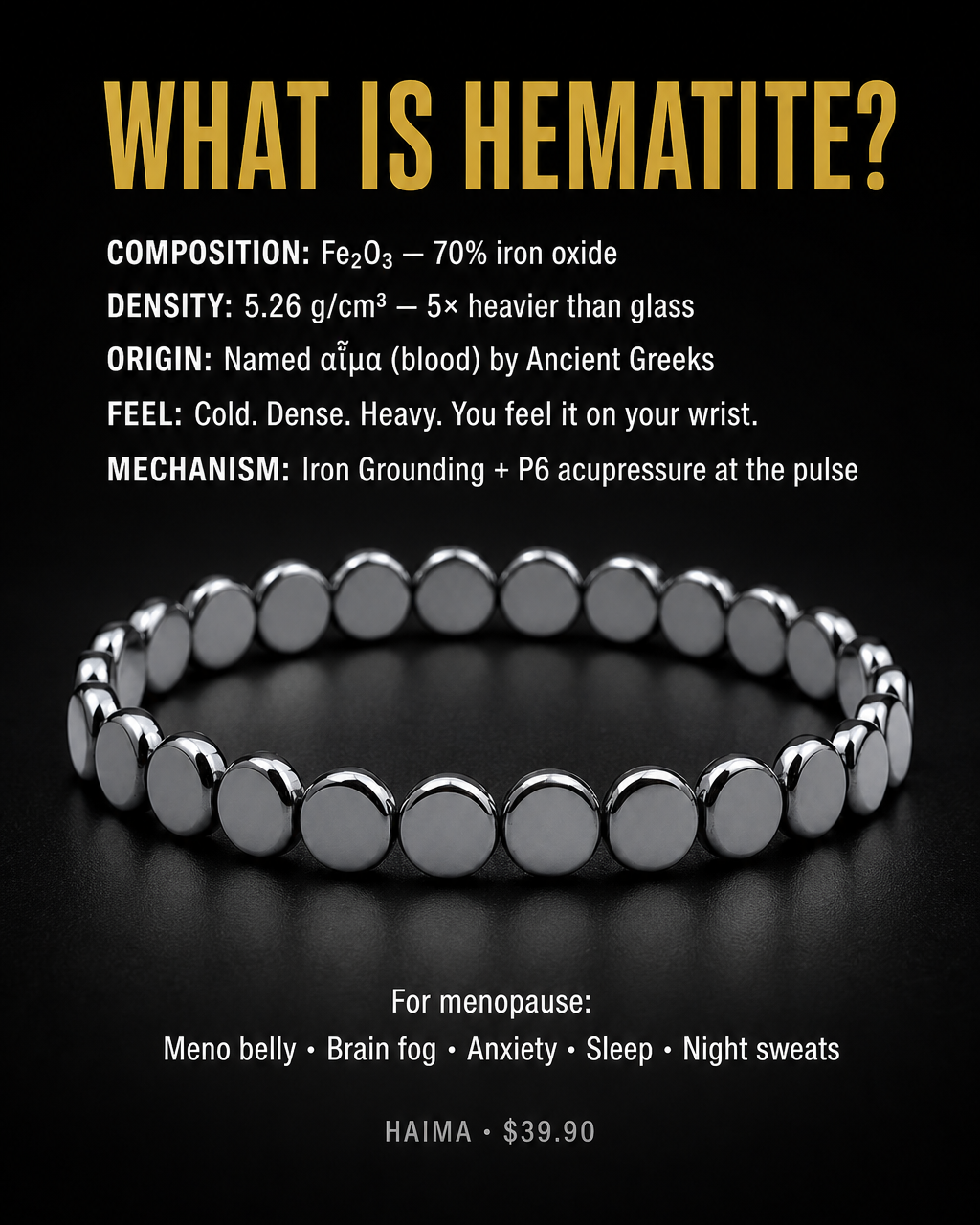 Dr. Ellen Hart Perimenopause & Hormone Health Facebook ad: Haima Hematite Bracelet | Your Natural Menopause Solution