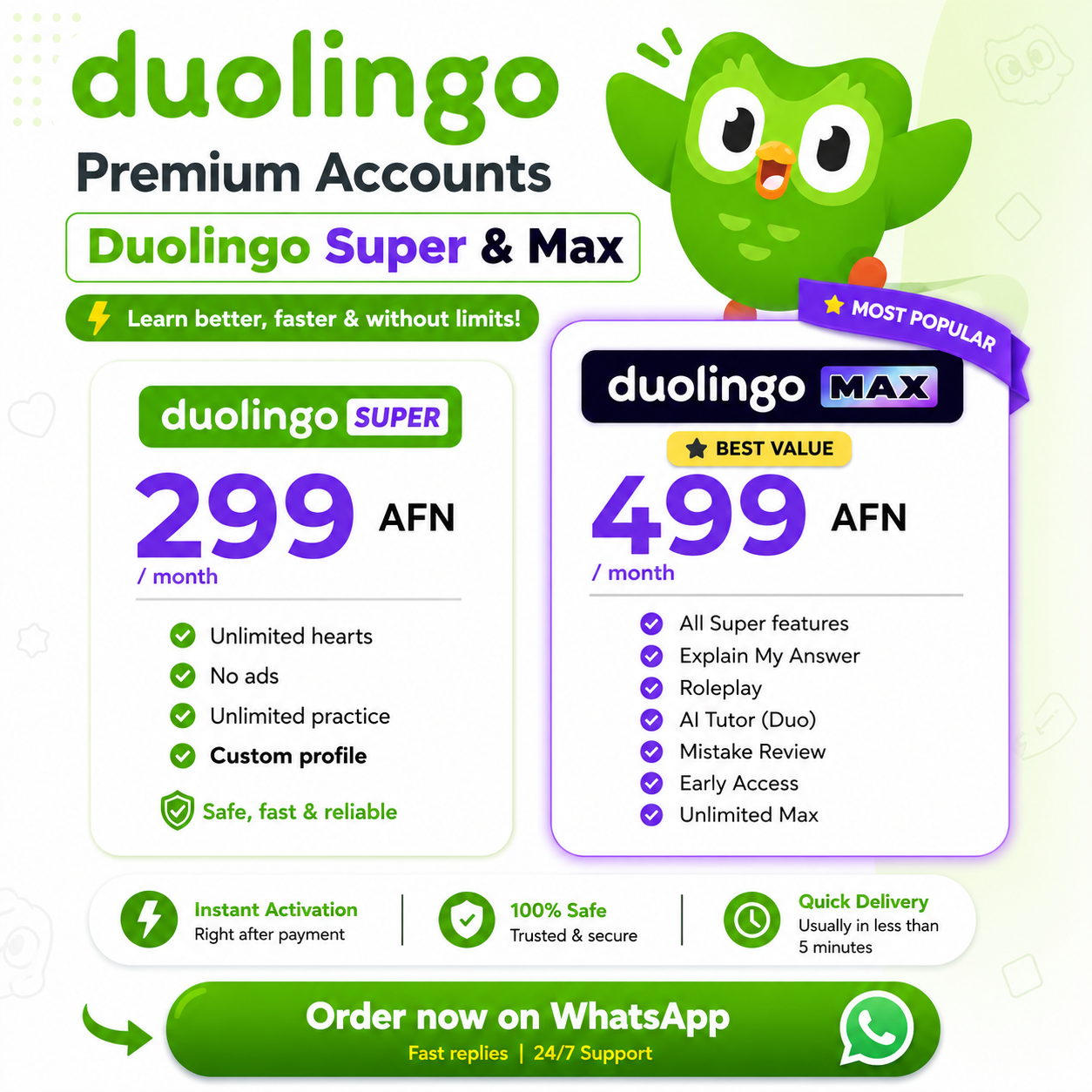 Arianaprotools Facebook ad: Duolingo Premium Starting from Just 299 AFN/Month