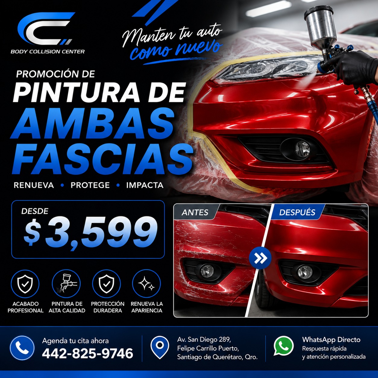 Body Collision Center Facebook ad: ¿Tus fascias están rayadas, despintadas o dañadas?
