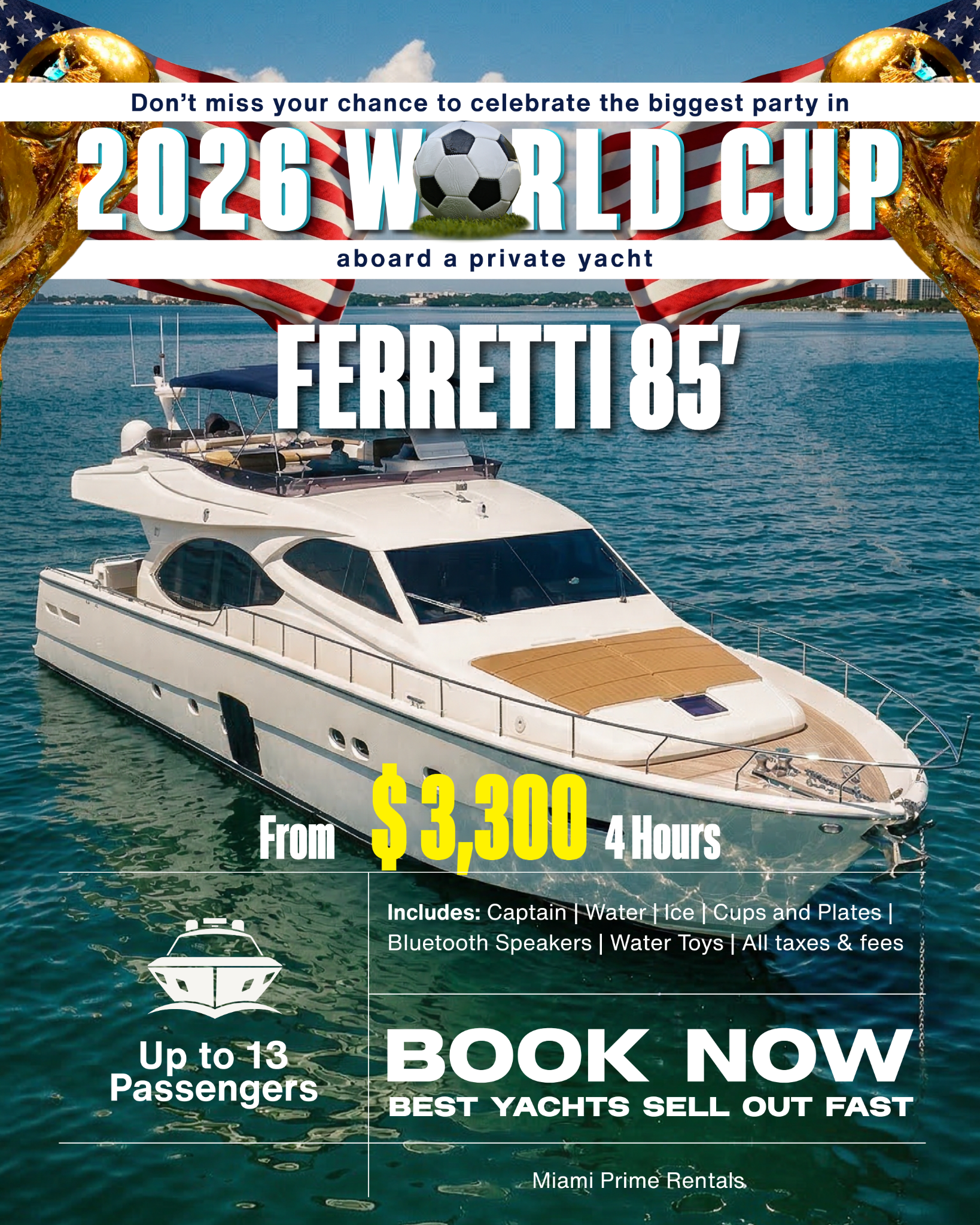 Miami Prime Rentals Facebook ad: Experience the World Cup in Miami the premium…